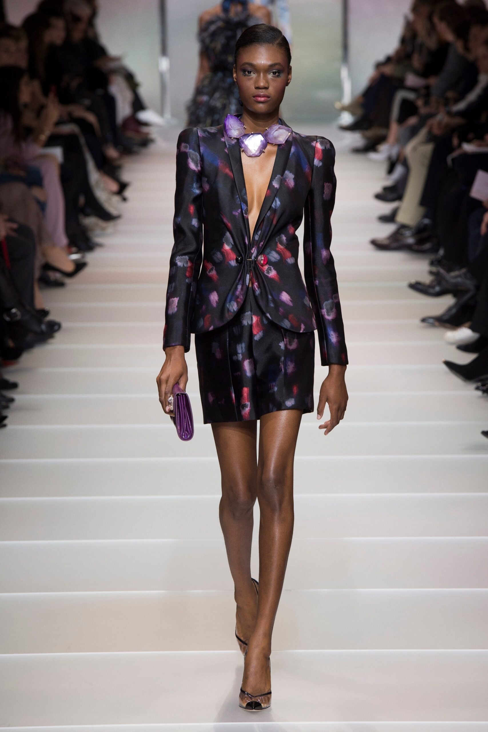 fitted black and purple blazer and skirt