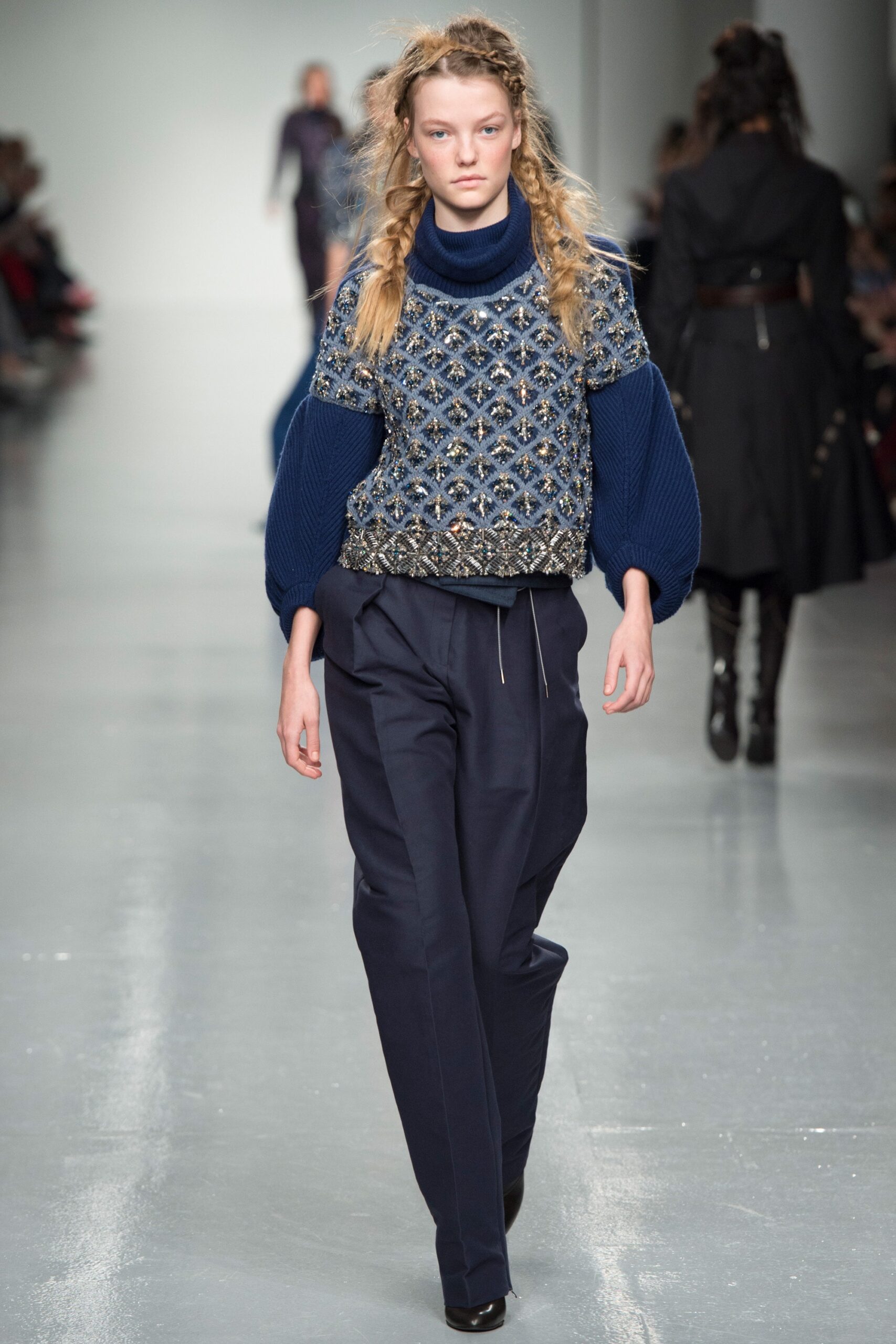 blue wool long-sleeve high-neck relaxed beaded sweater