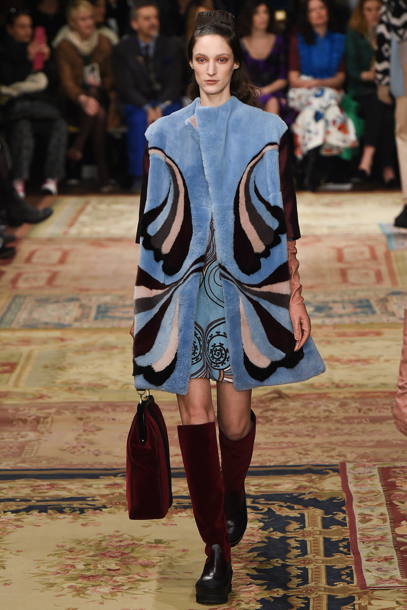 blue wool long-sleeve collared relaxed embroidered coat
