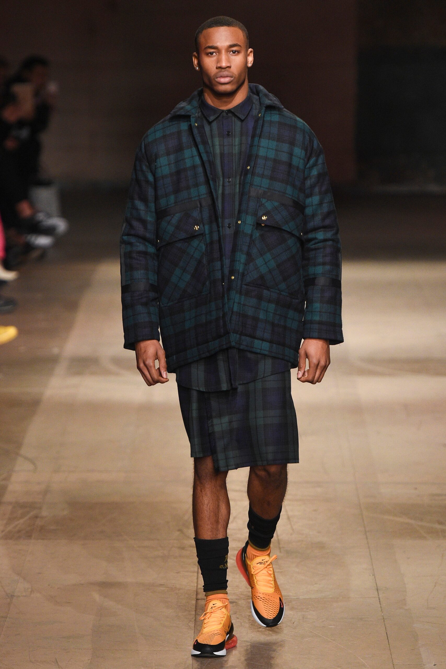 blue green checked jacket with black shirt and skirt