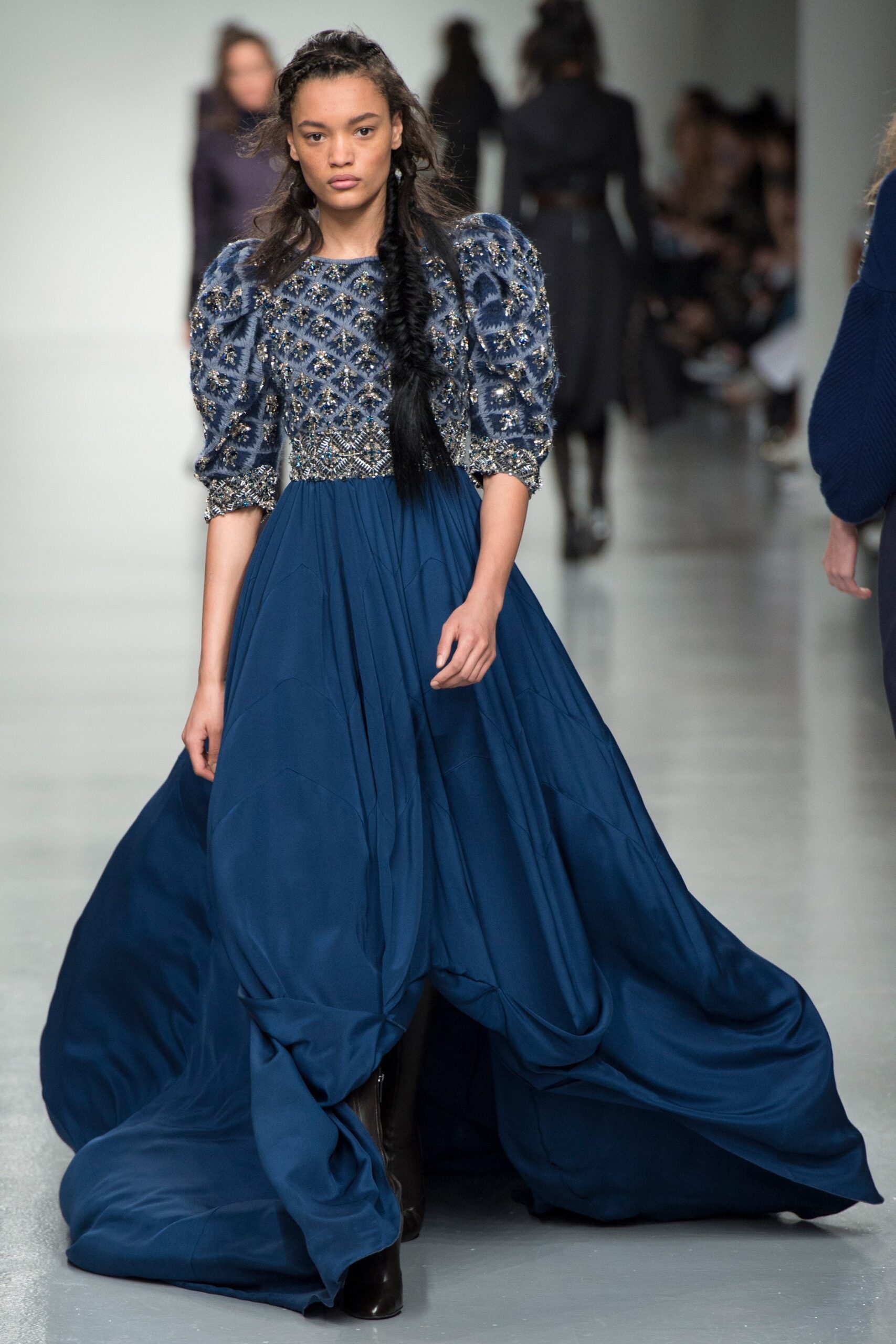 blue silk embroidered gown