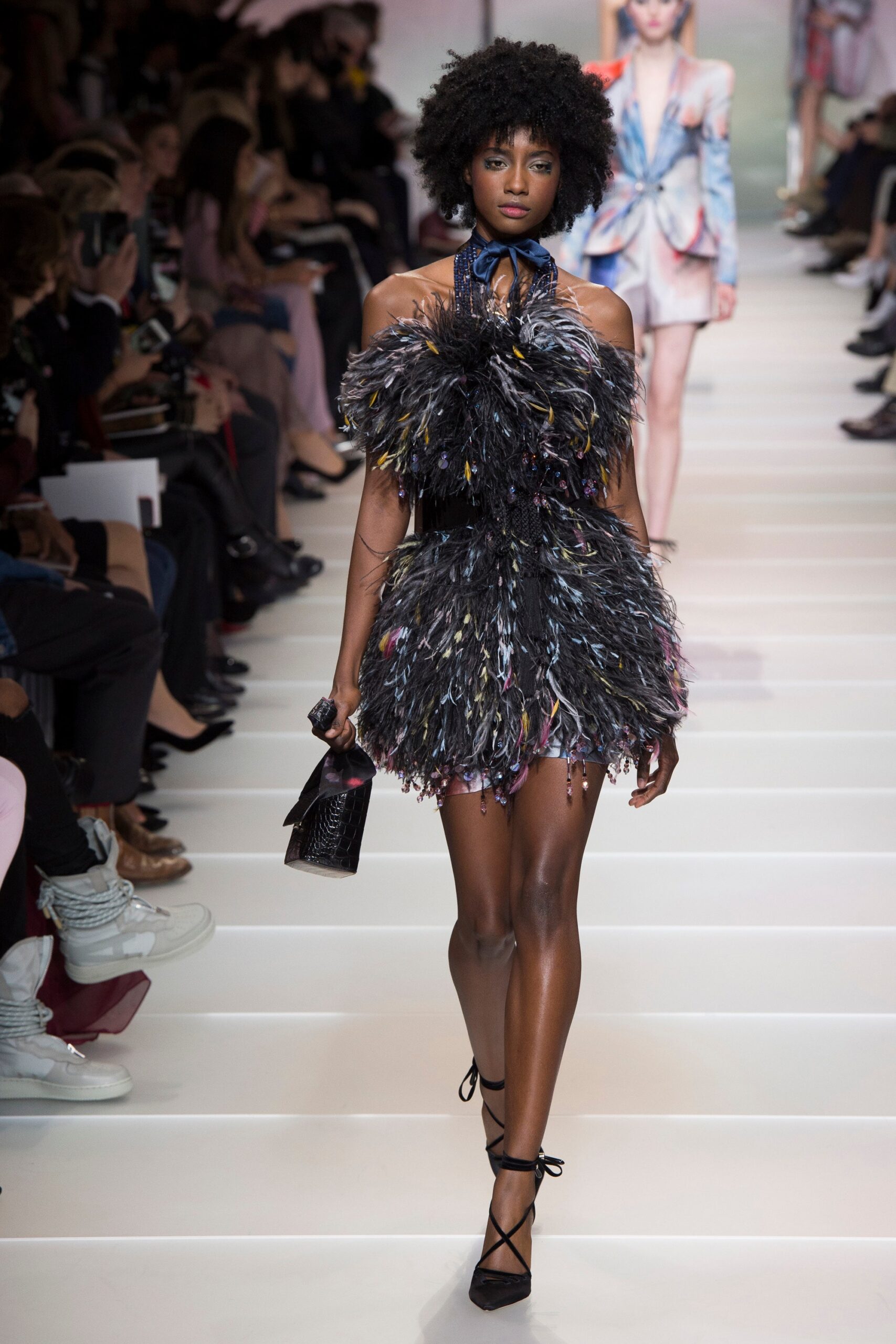 black multi feathered off-shoulder dress