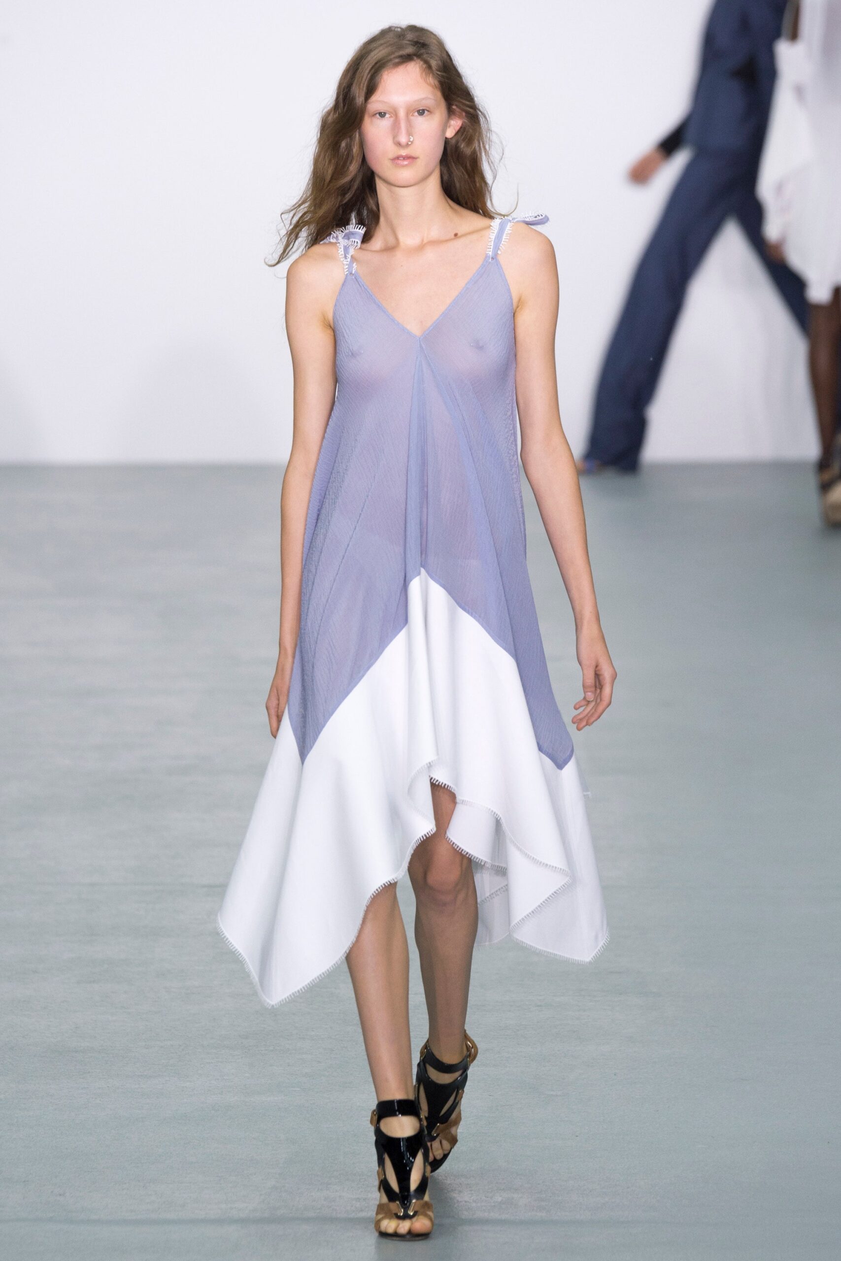 blue and white asymmetric dress