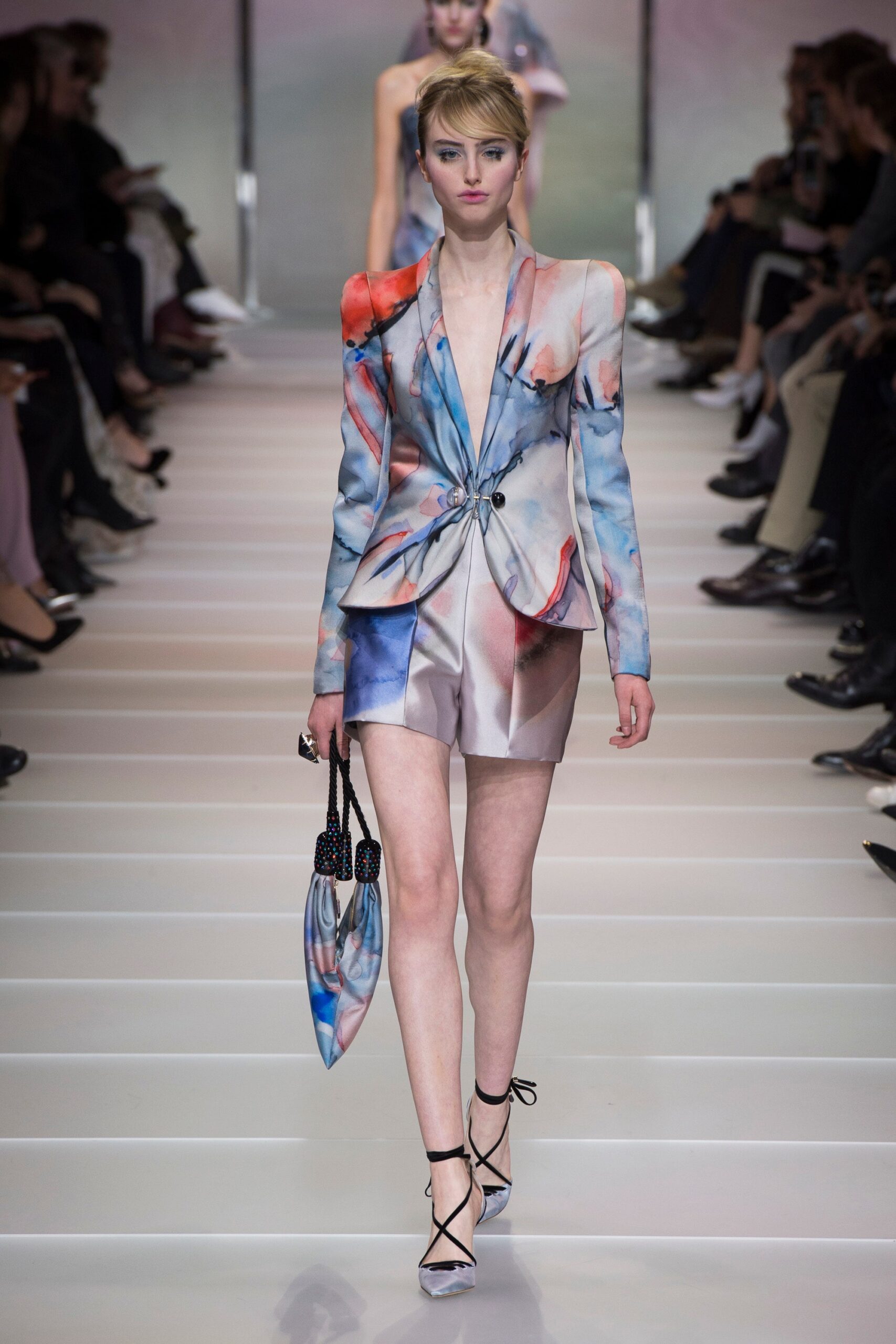 color-blocked silk blazer and mini skirt