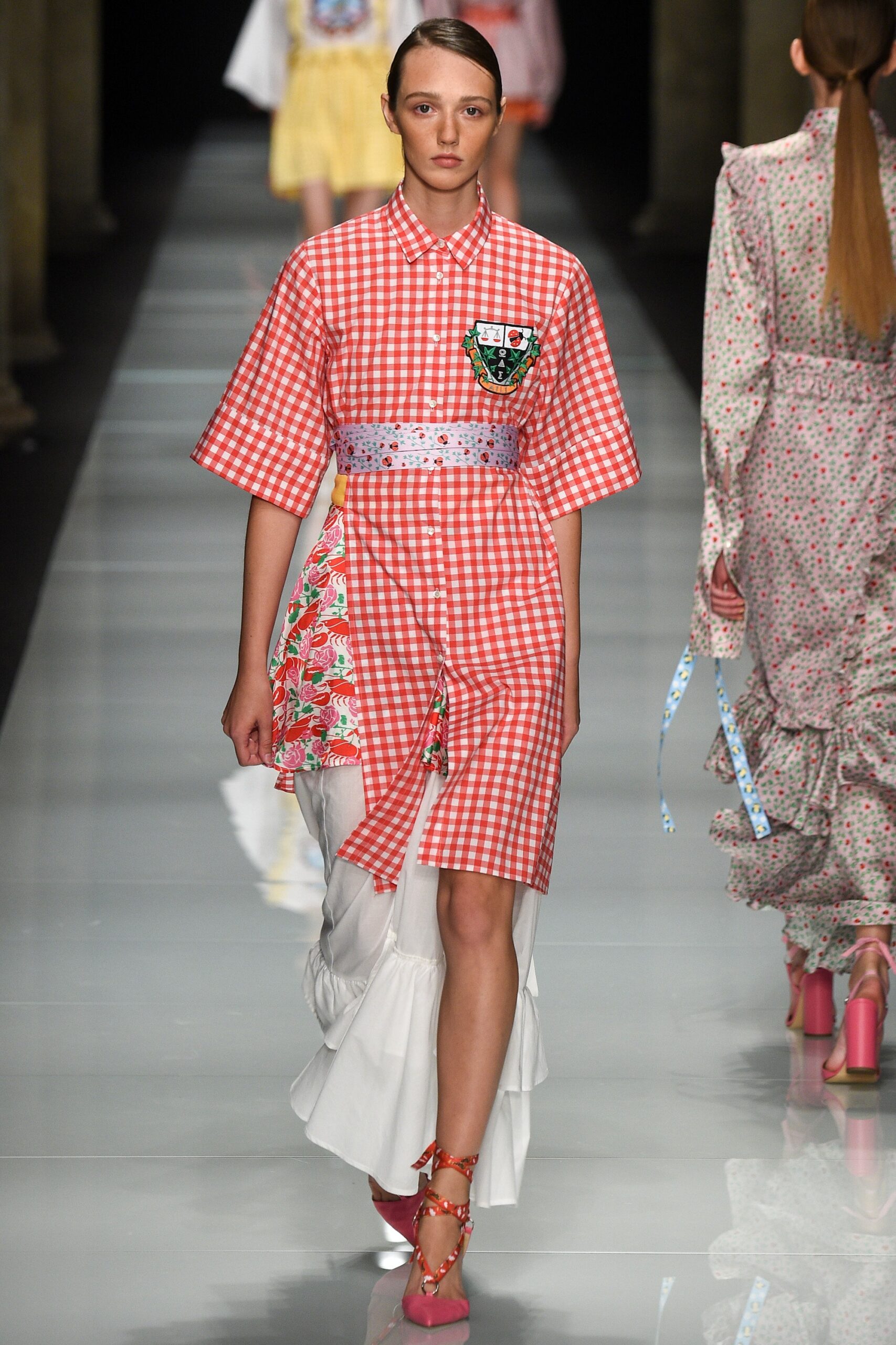red and white checked midi dress