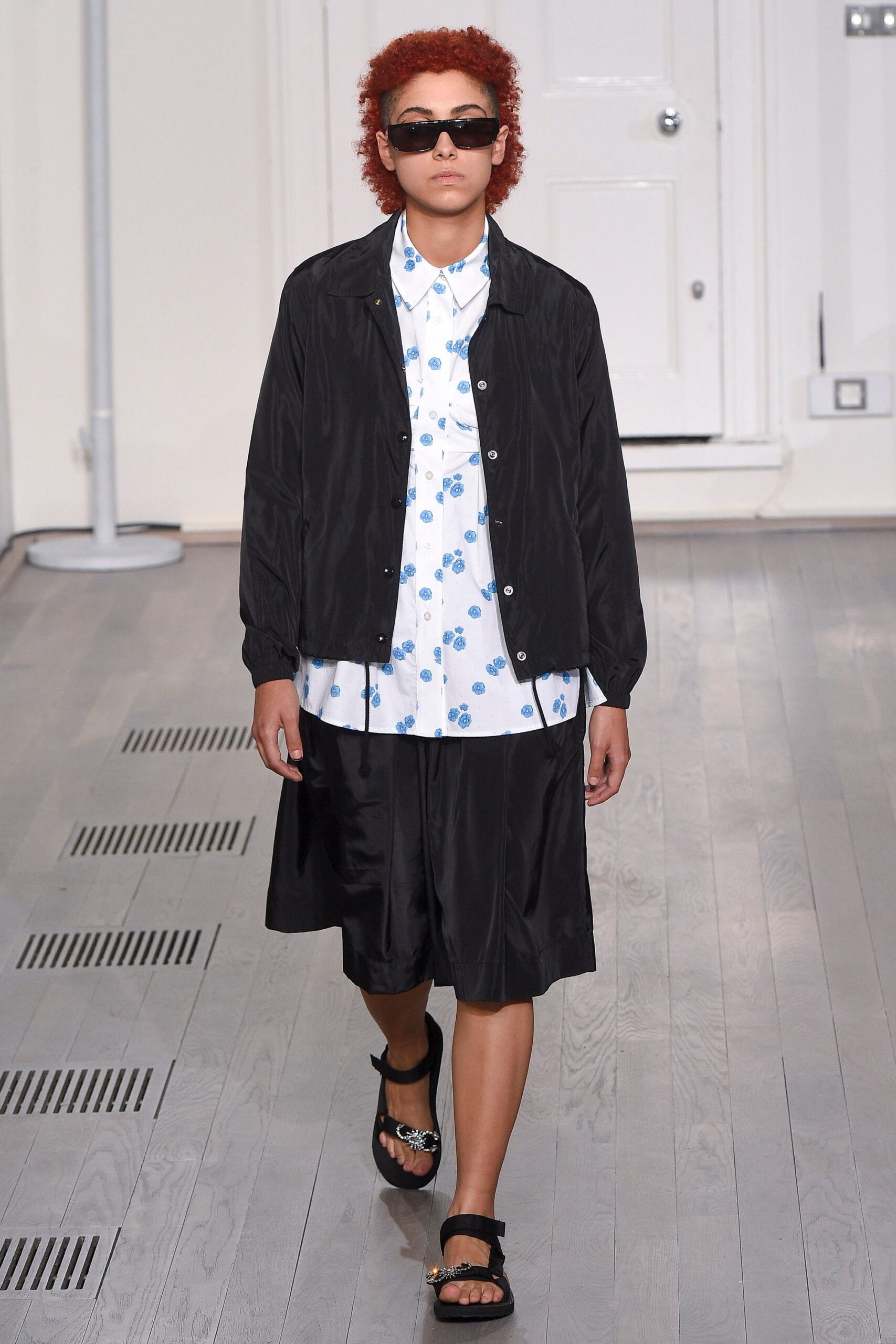 black relaxed jacket with printed shirt