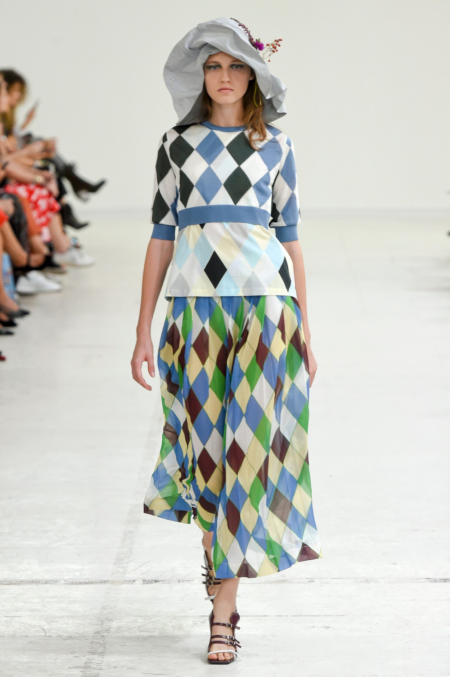 blue and green checked top with tiered skirt