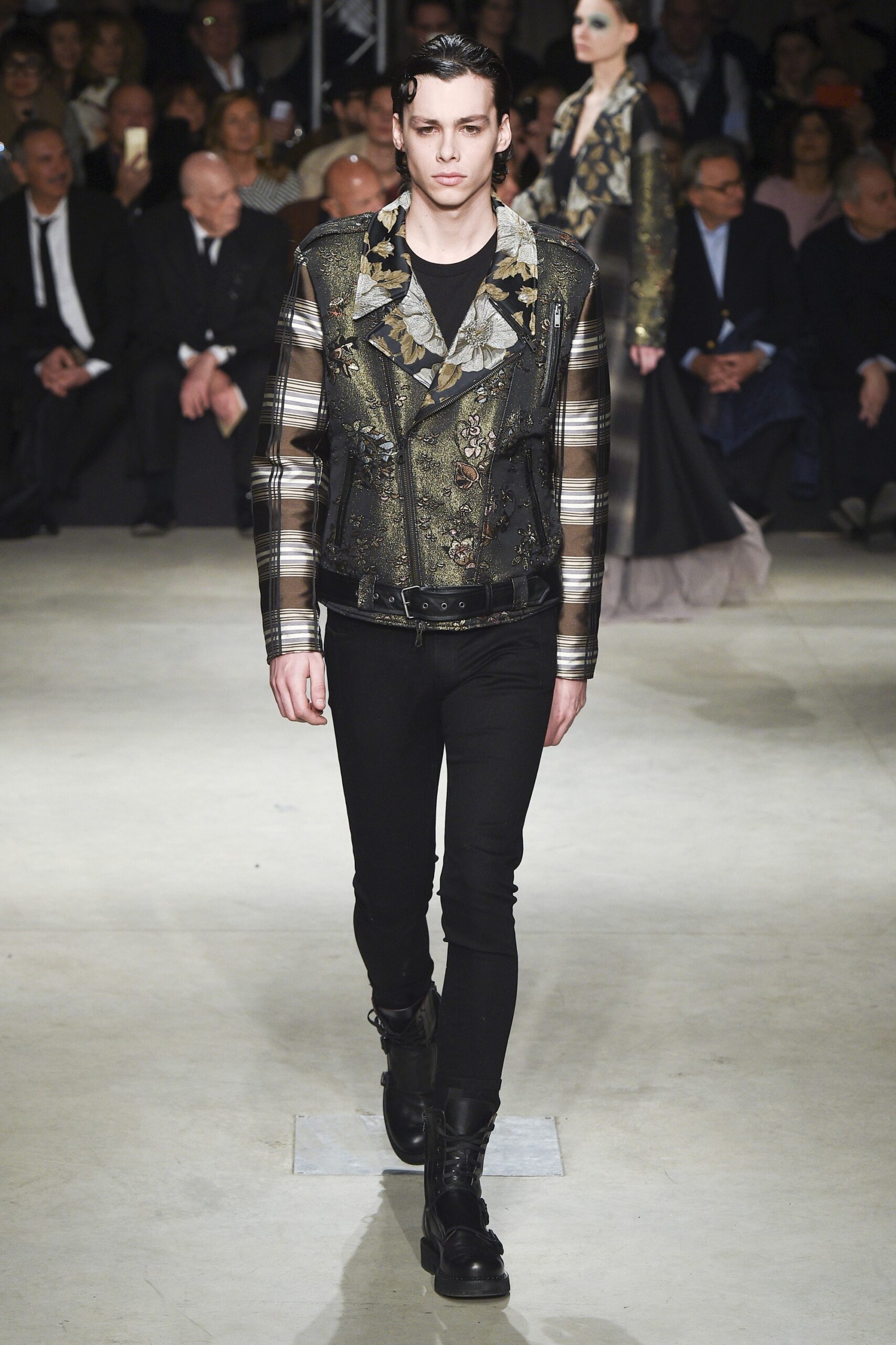 black leather jacket with t-shirt and pants