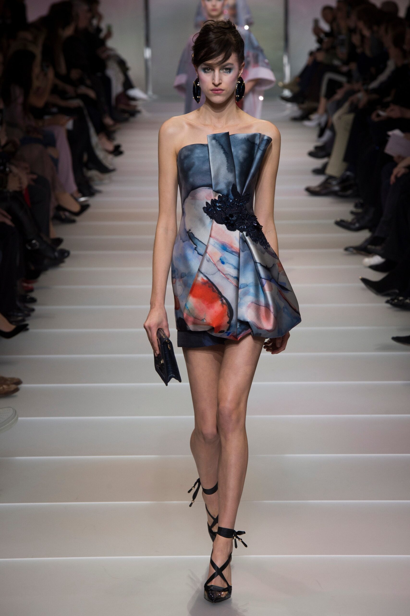 blue and red strapless mini dress