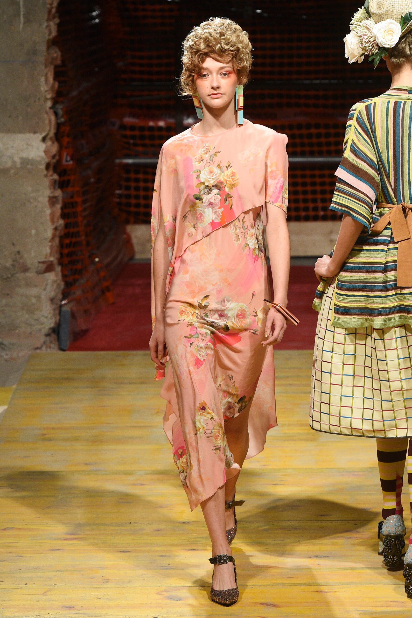 pink floral draped midi dress