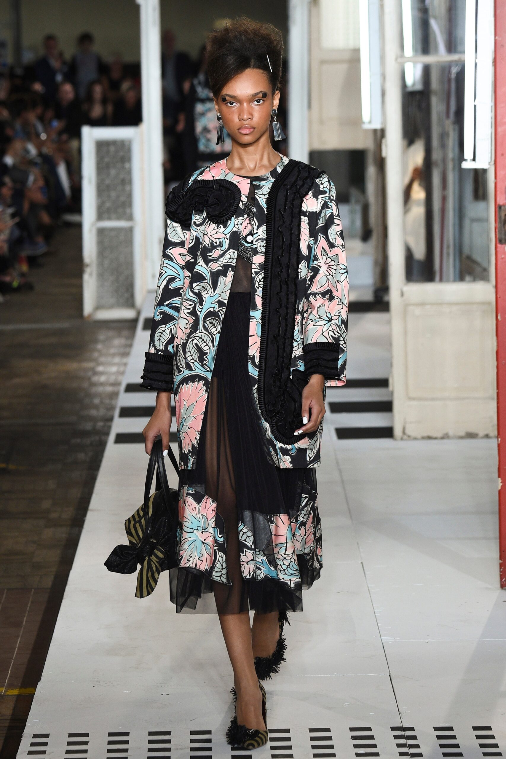 printed black coat and midi dress