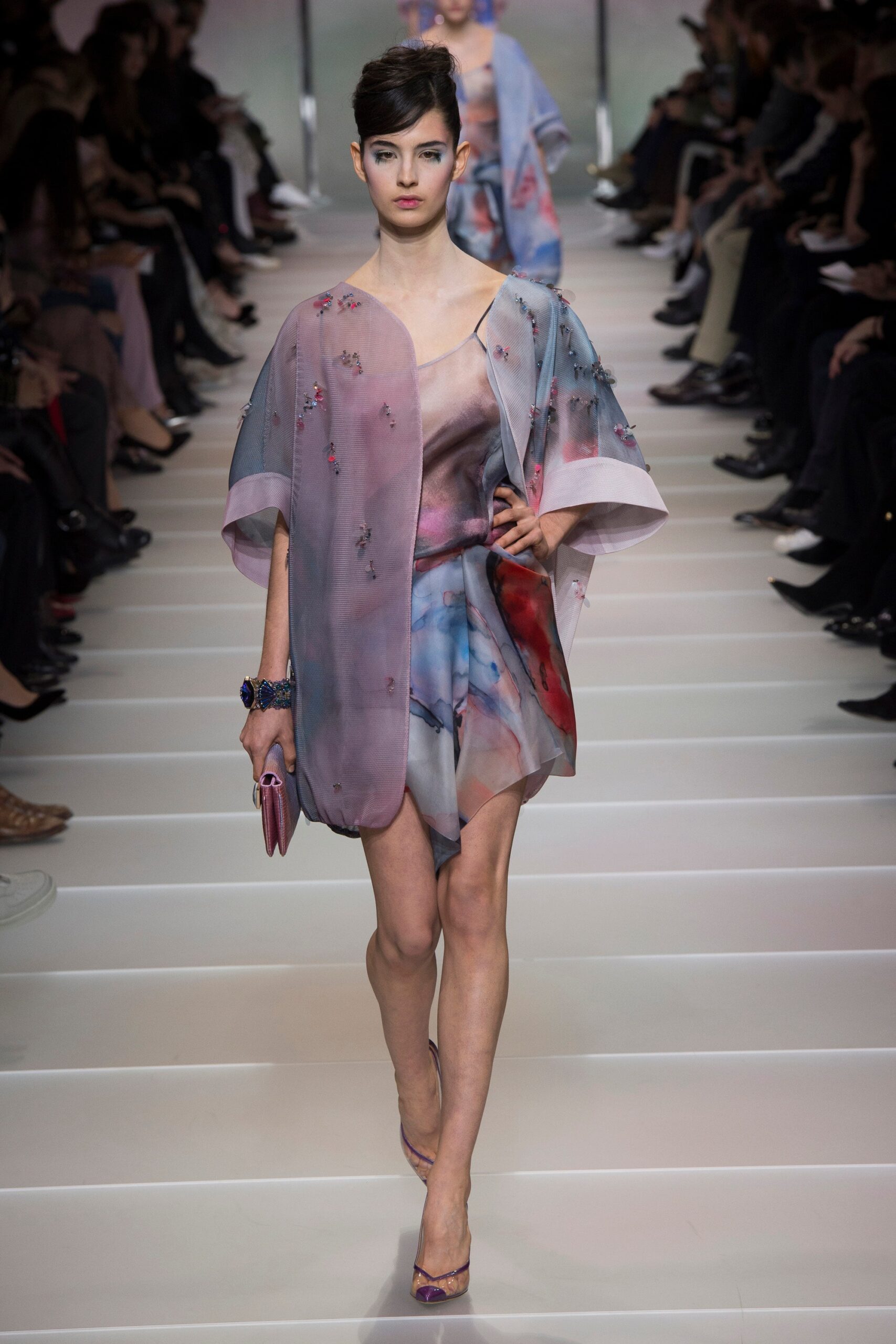 pink and blue silk mini dress with cape