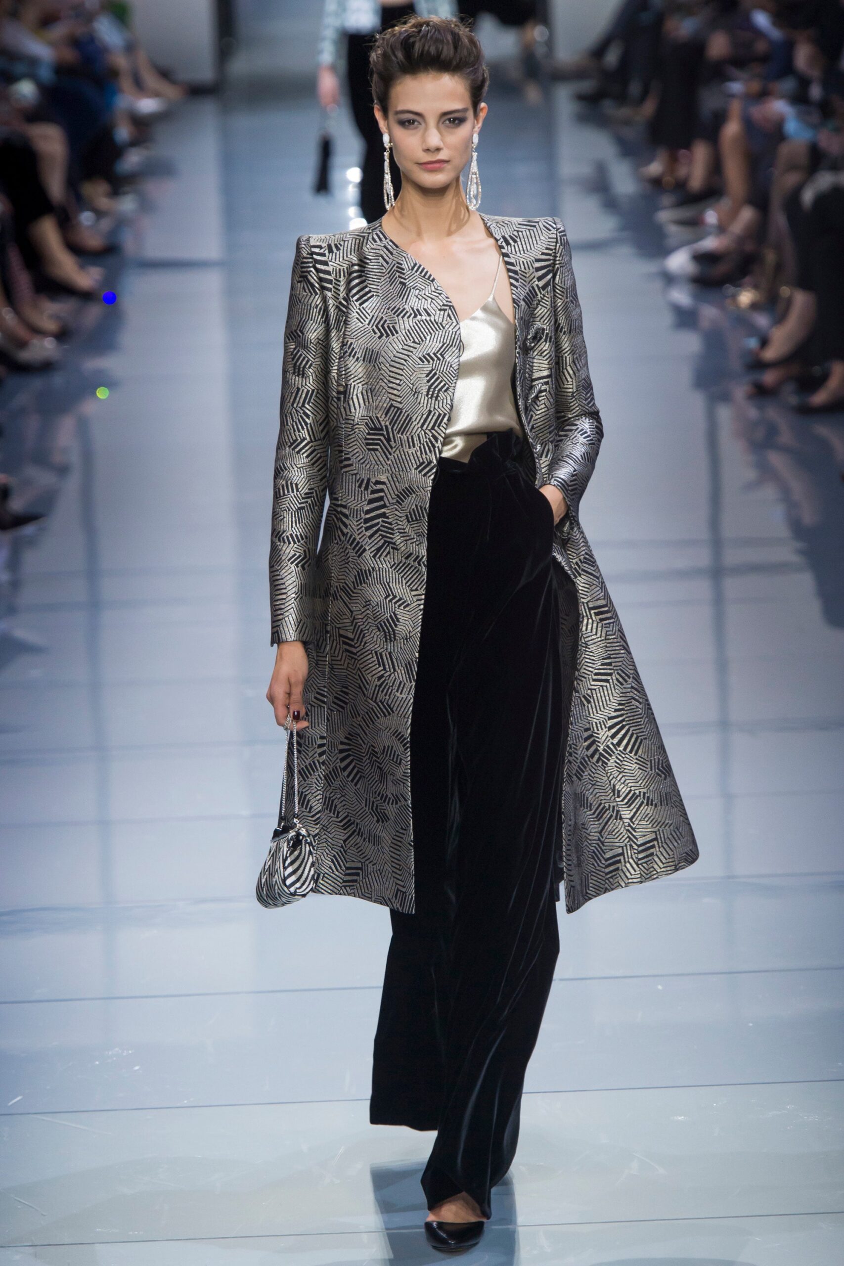 silver printed coat with velvet pants