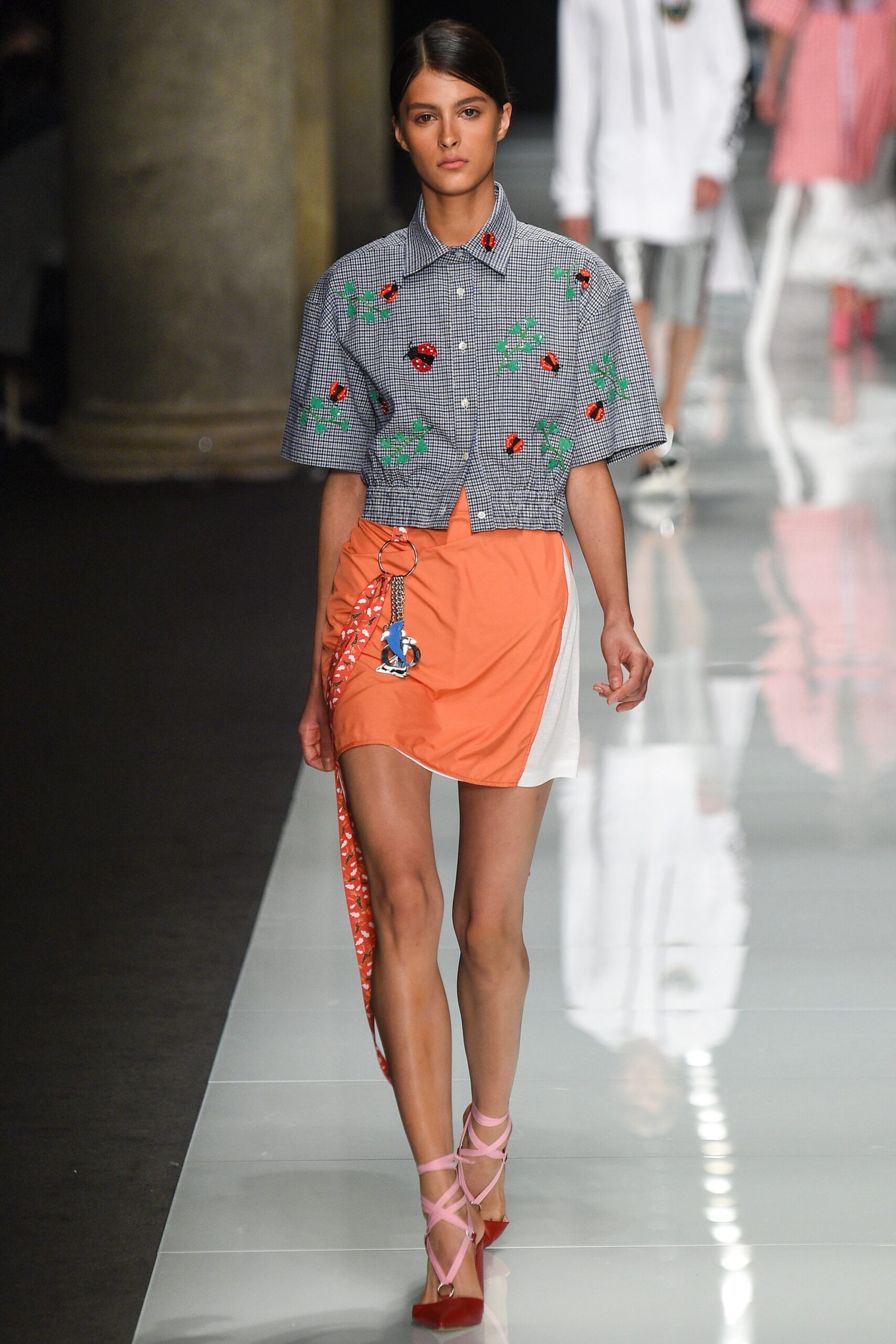 embroidered gray top with asymmetric skirt