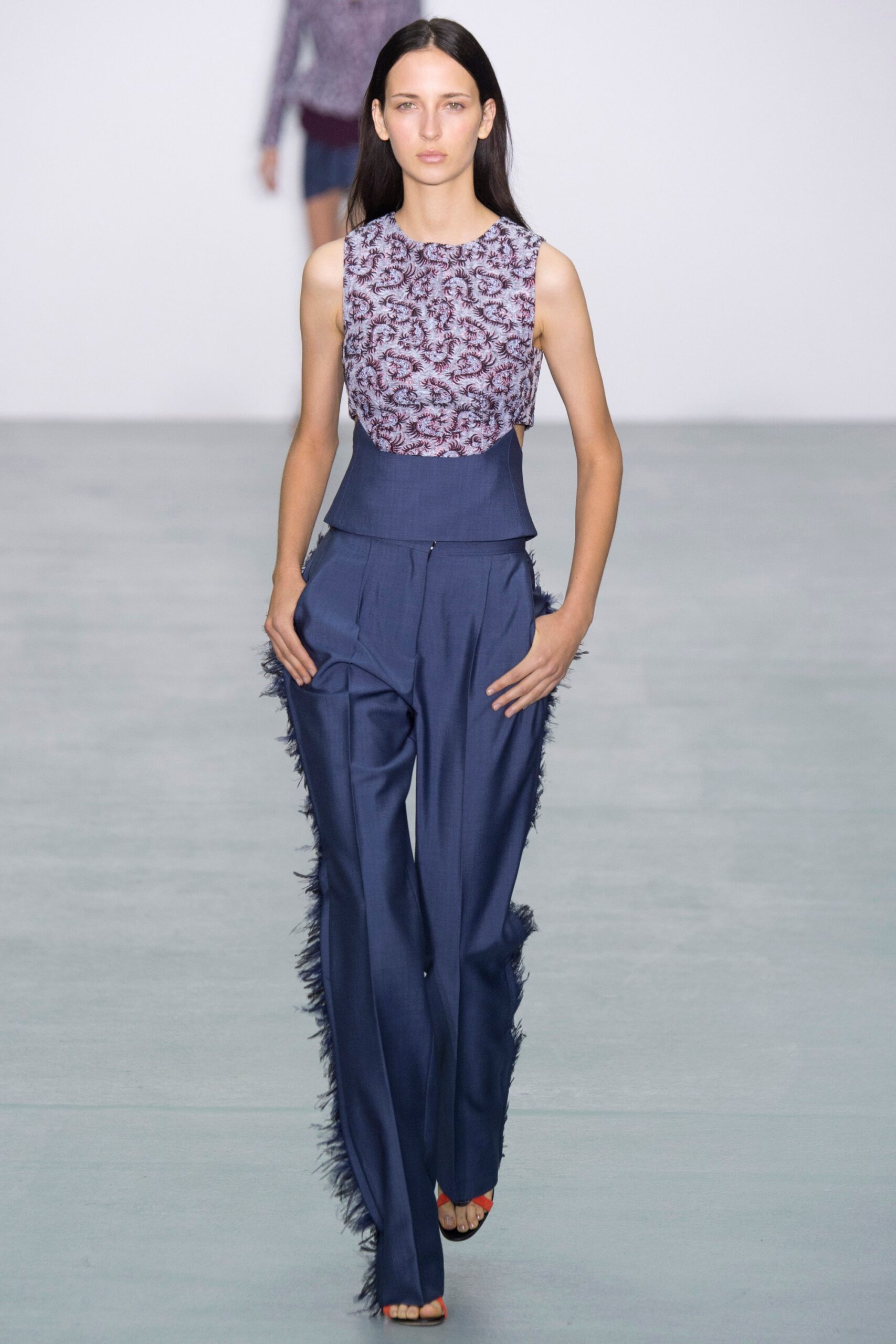 fitted purple embroidered top with tailored pants