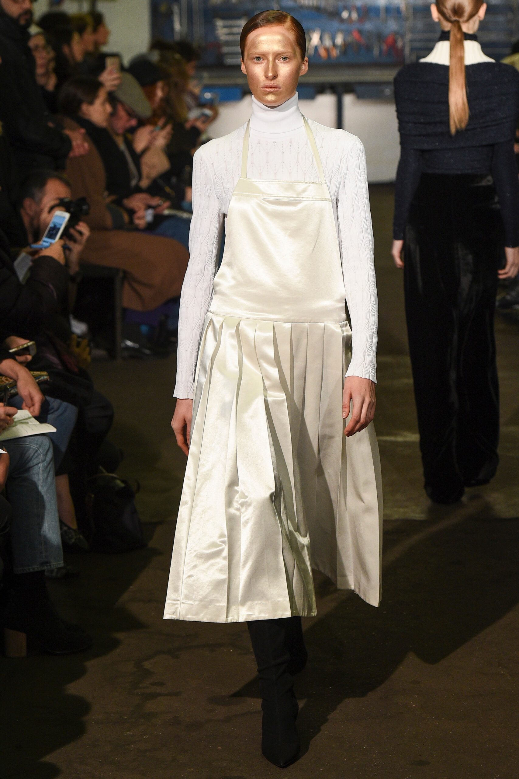 white silk pleated dress