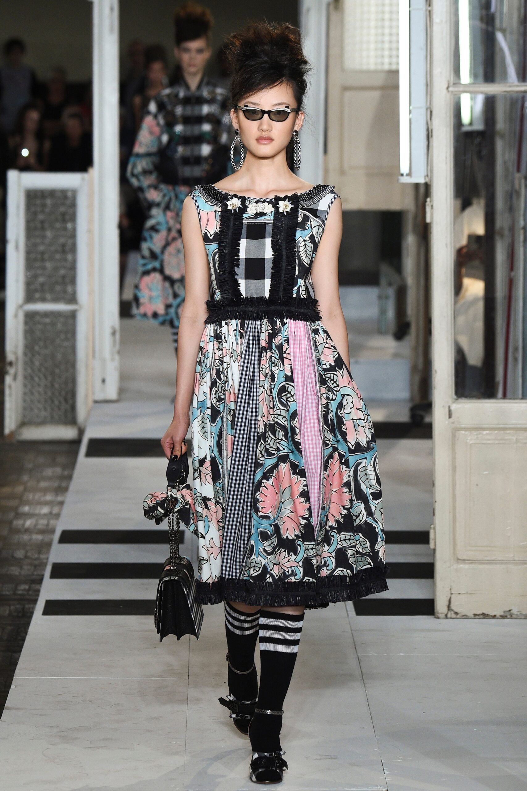 black cotton sleeveless collared fitted printed tiered dress