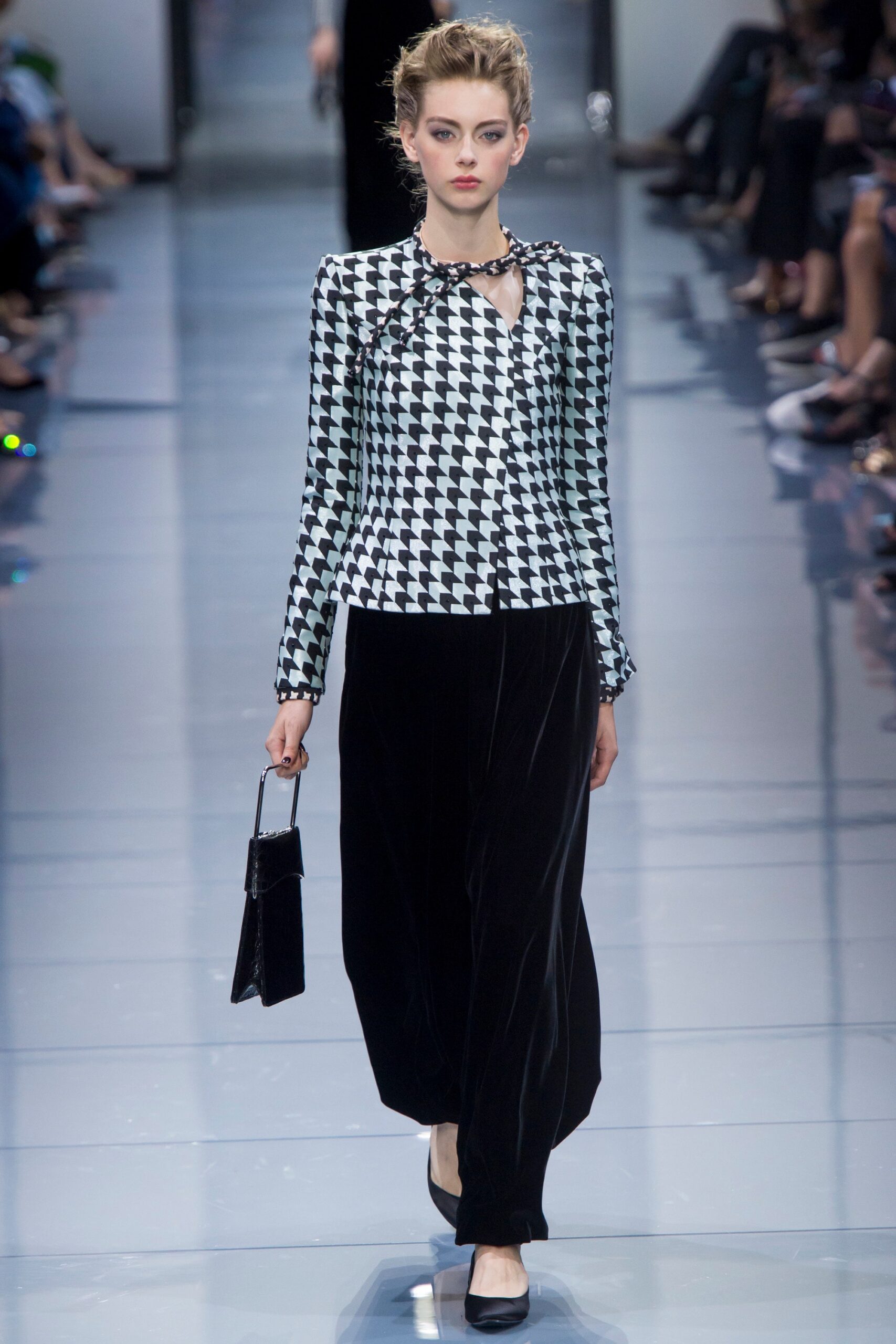black and white checked blouse with velvet pants