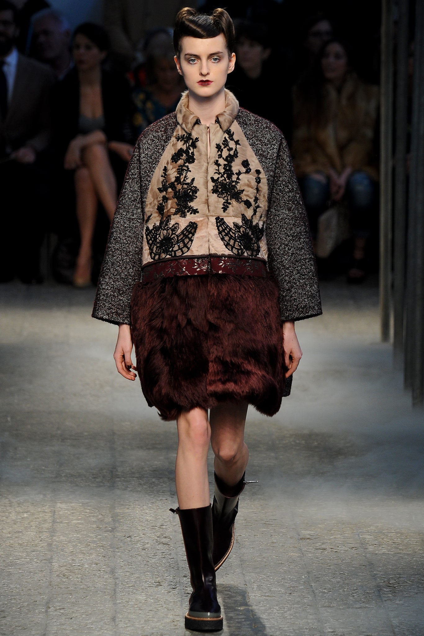 beige embroidered coat with fur skirt