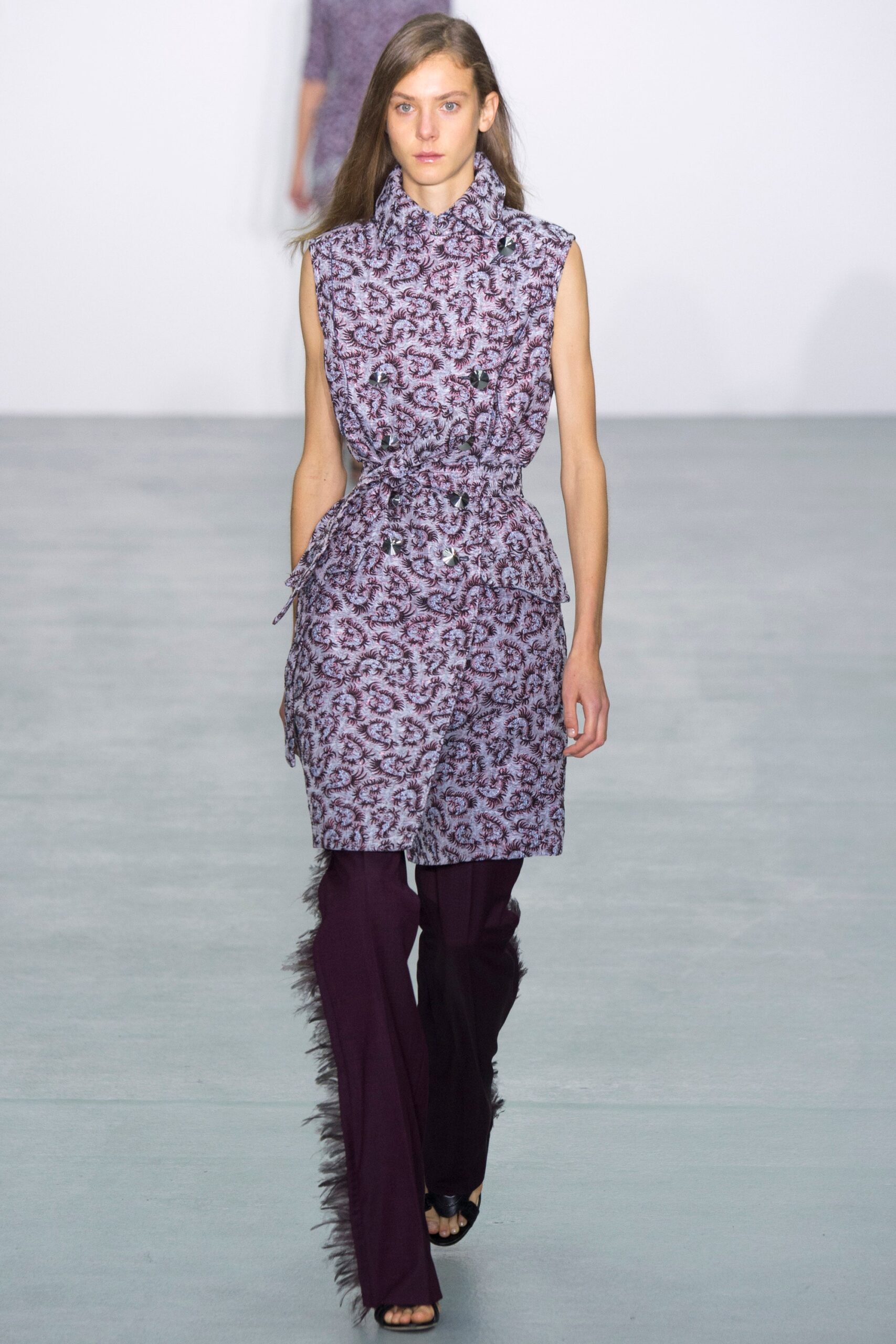 purple sleeveless dress with flared pants