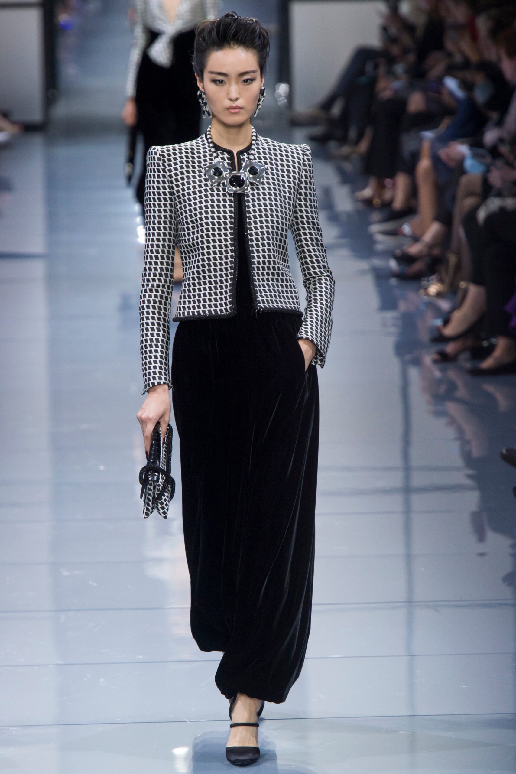 tailored black and white jacket with velvet dress