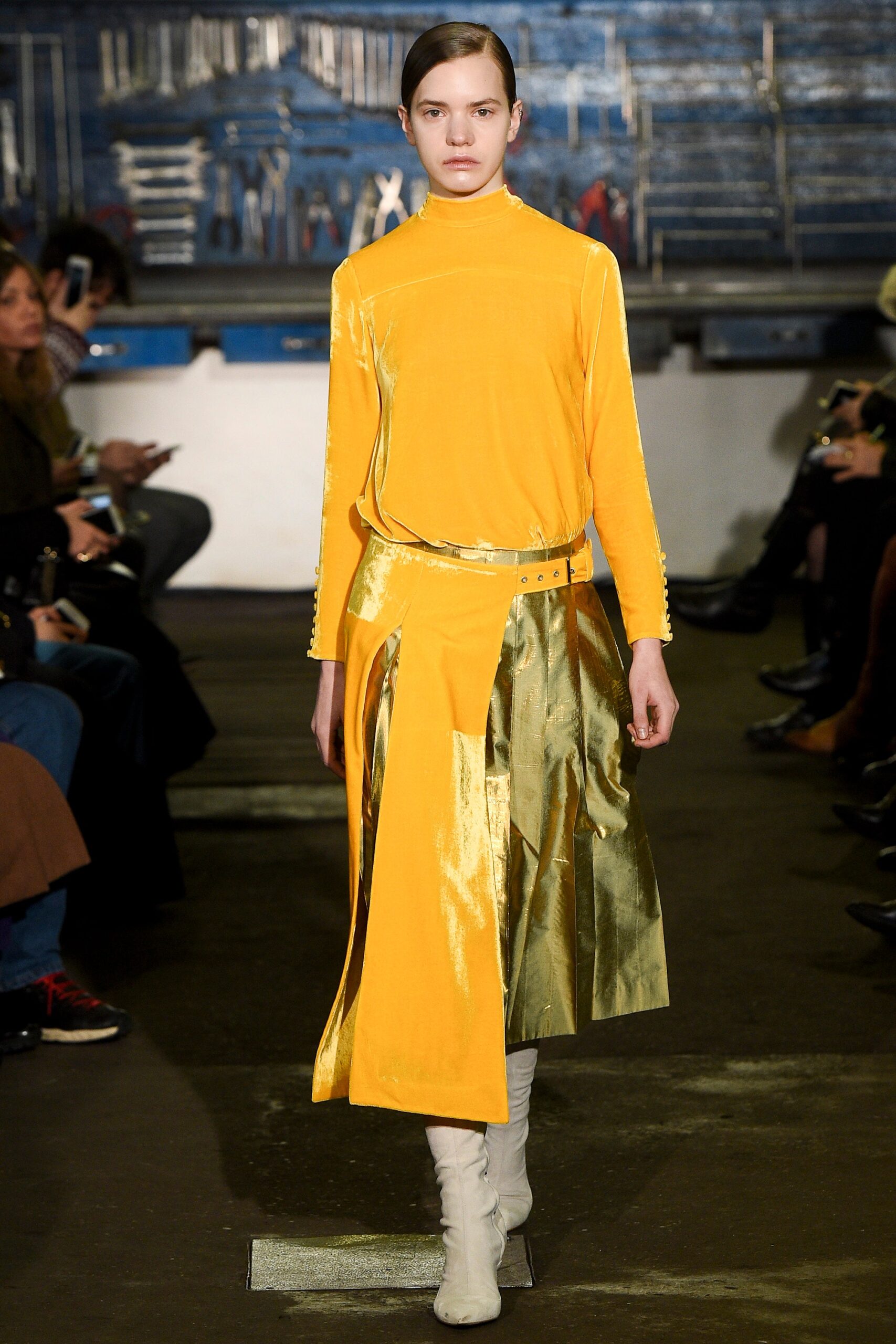 yellow velvet long-sleeve high-neck fitted pleated belted dress