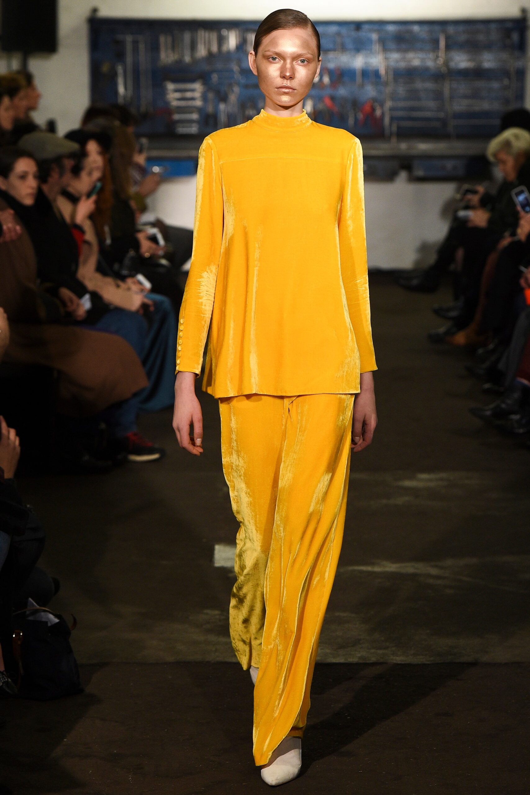 yellow velvet long-sleeve high-neck relaxed straight-leg top