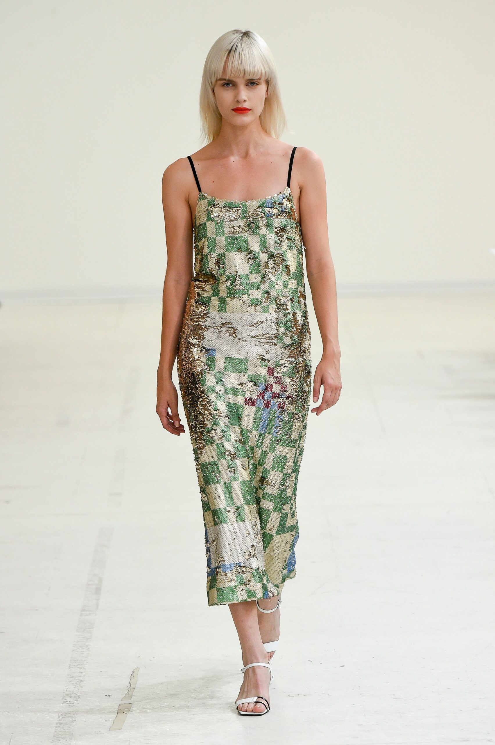 green gold sequined midi dress