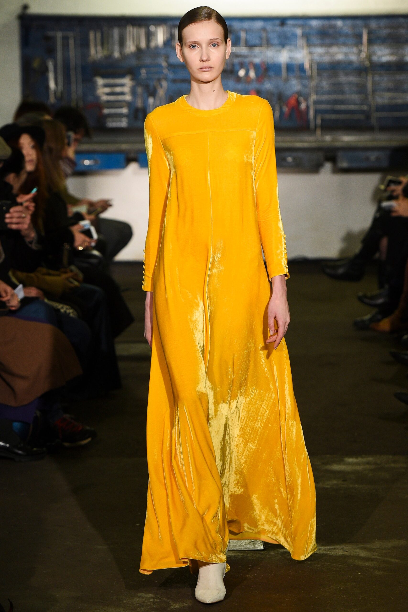 yellow velvet long-sleeve gown