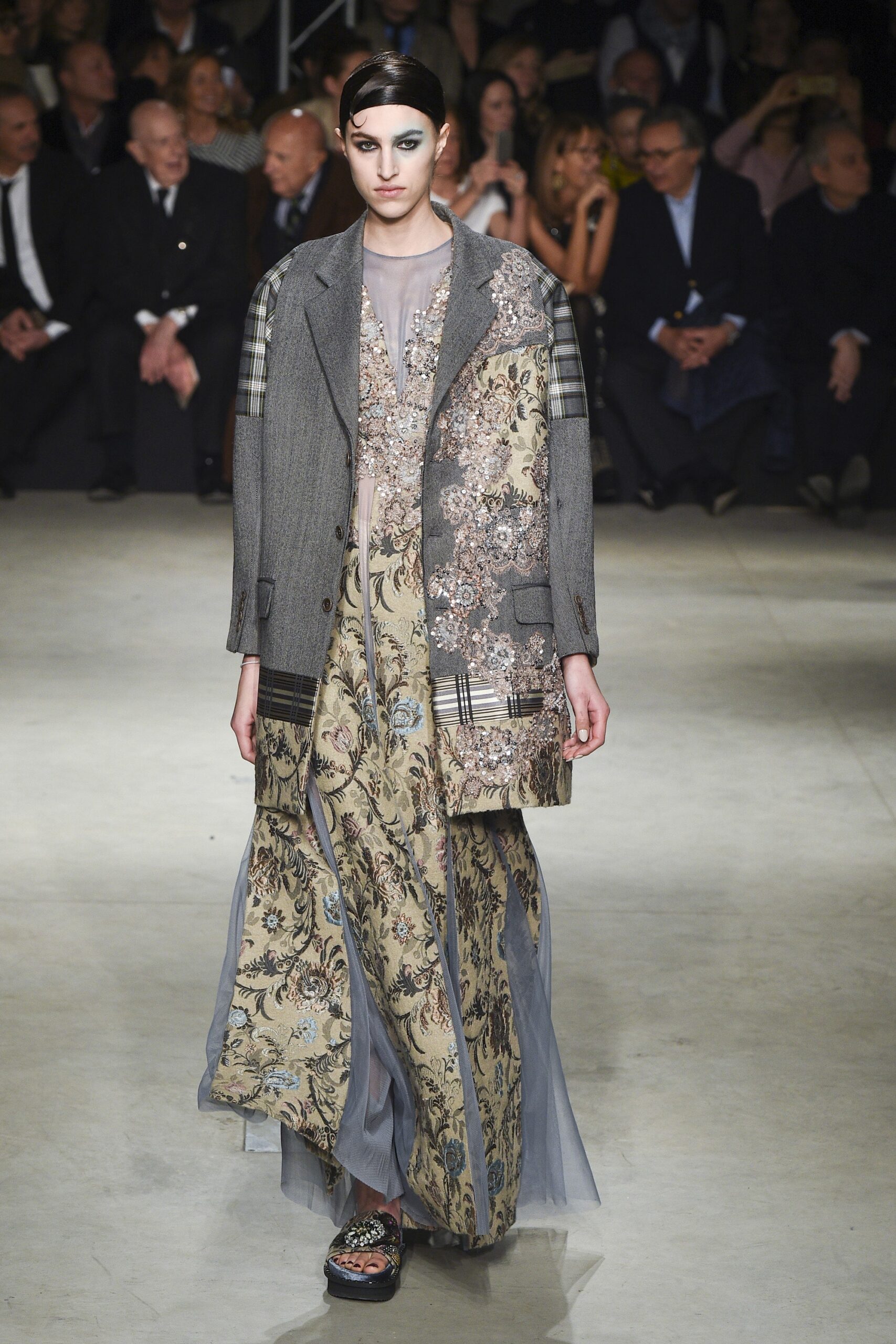 floral maxi dress with gray coat