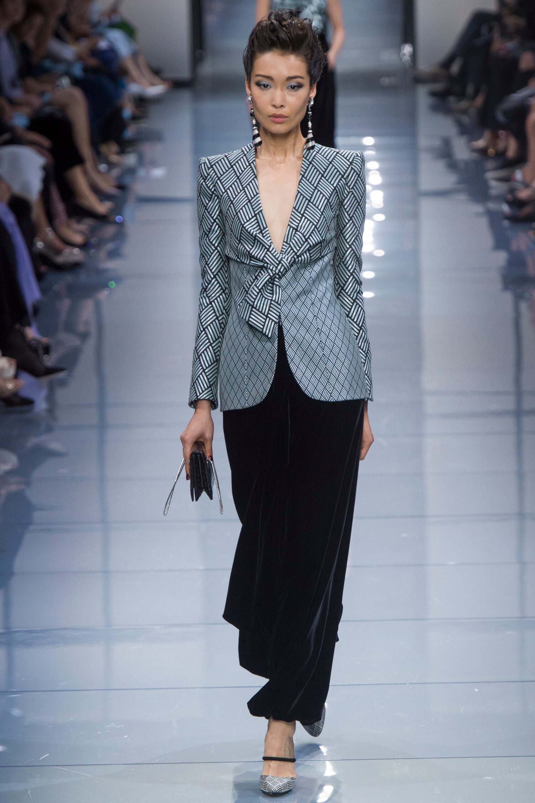 tailored black and white blazer with velvet pants