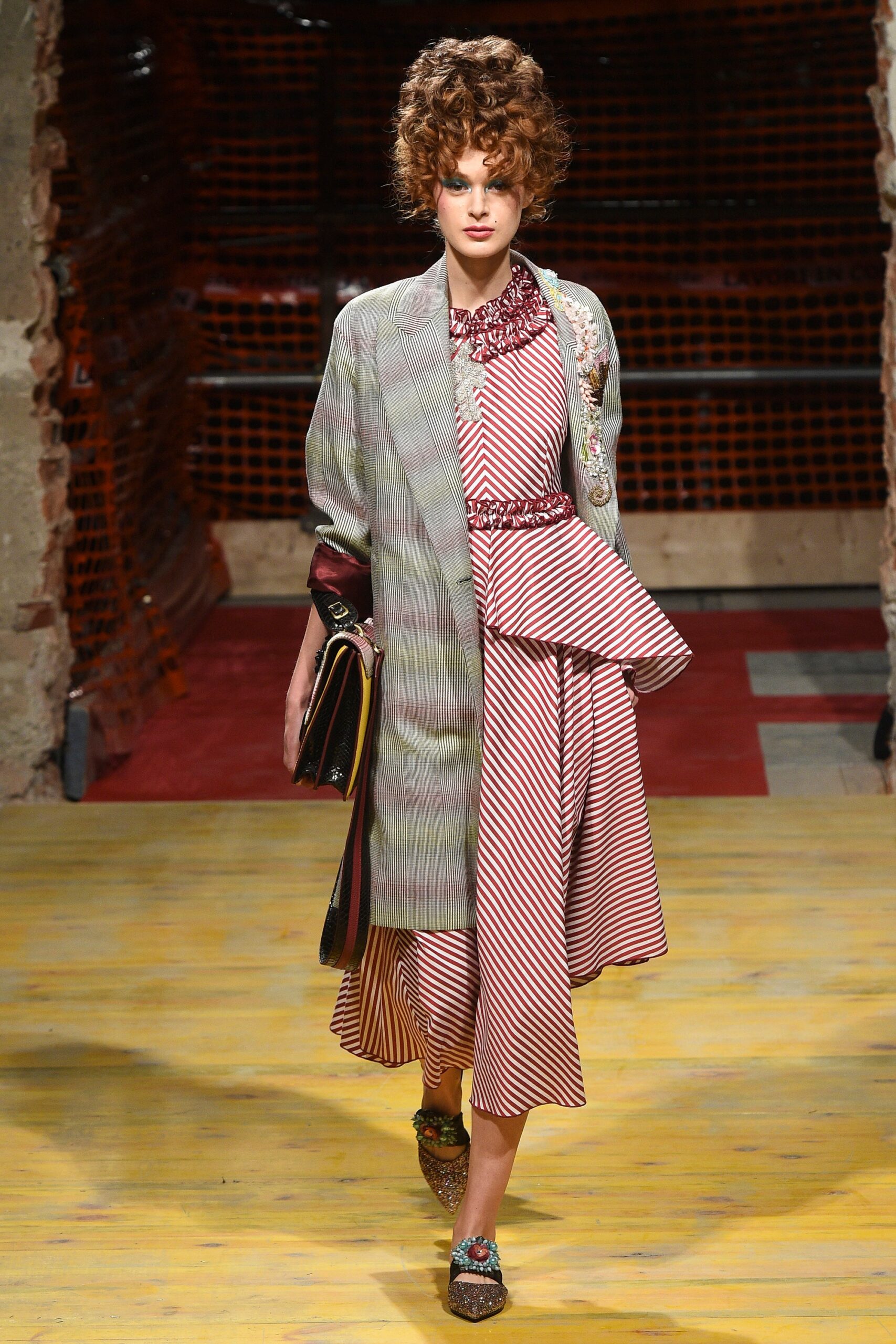 gray wool relaxed coat and striped midi dress