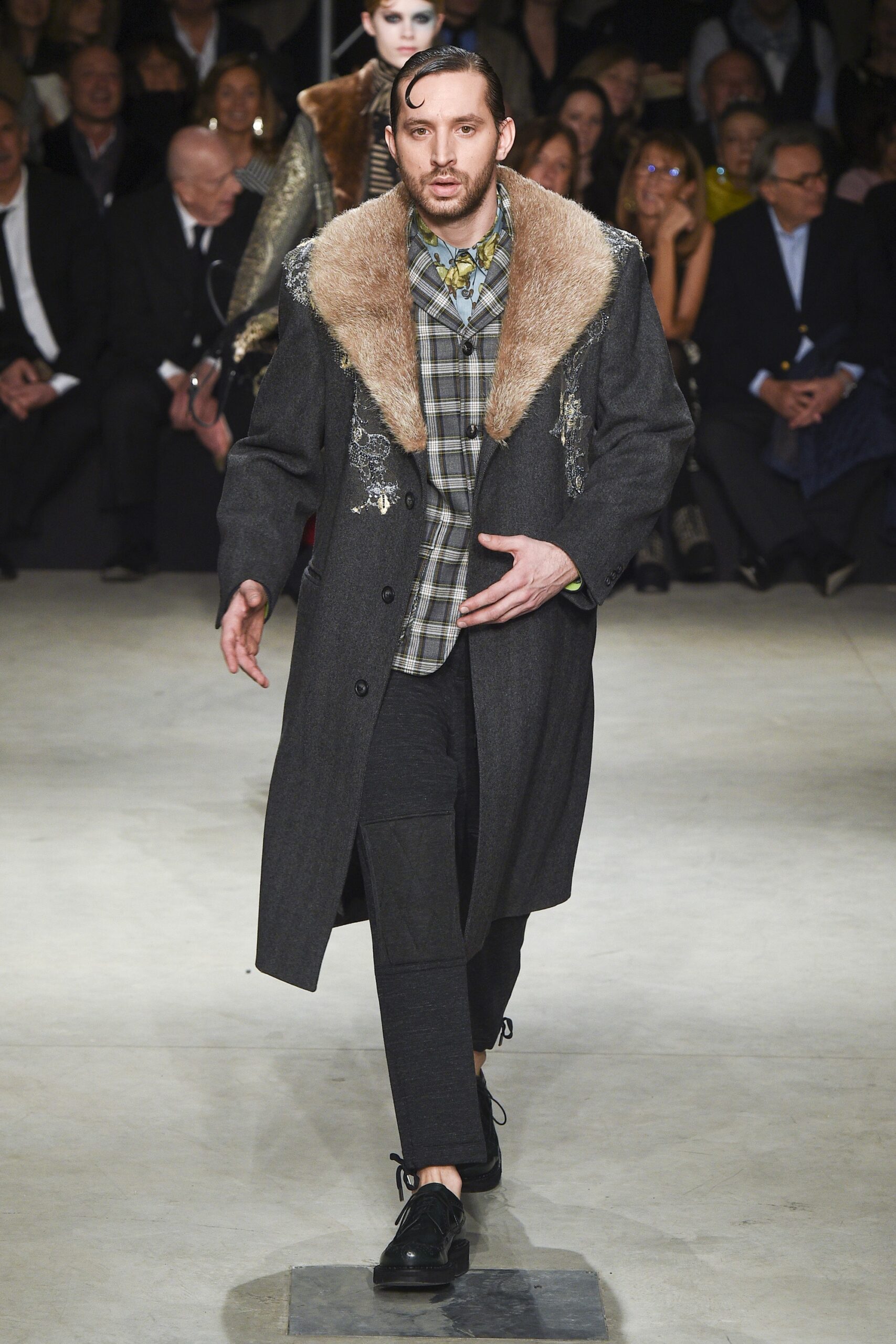 gray wool coat with plaid shirt
