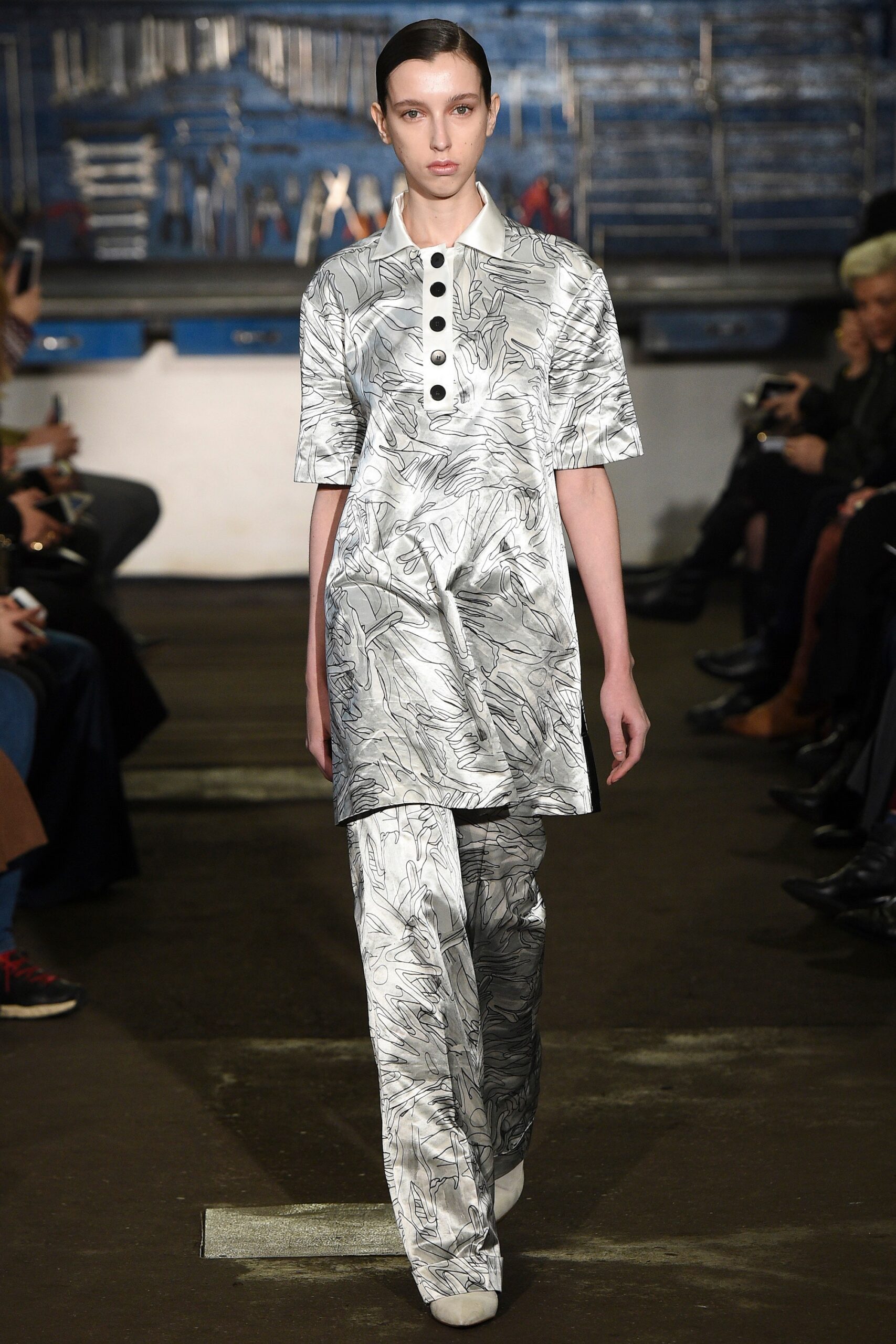 printed white and black dress and pants