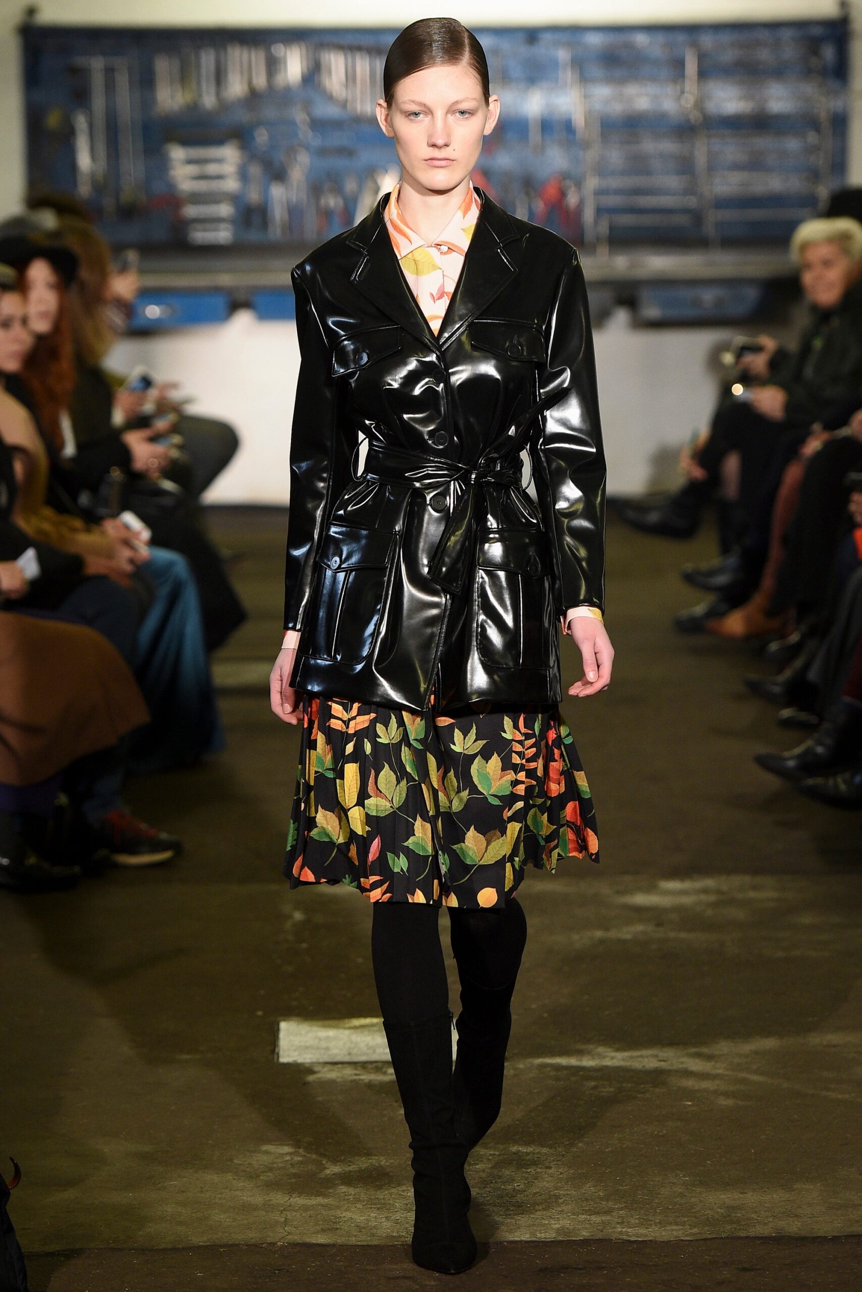 black vinyl long-sleeve collared fitted belted shiny coat