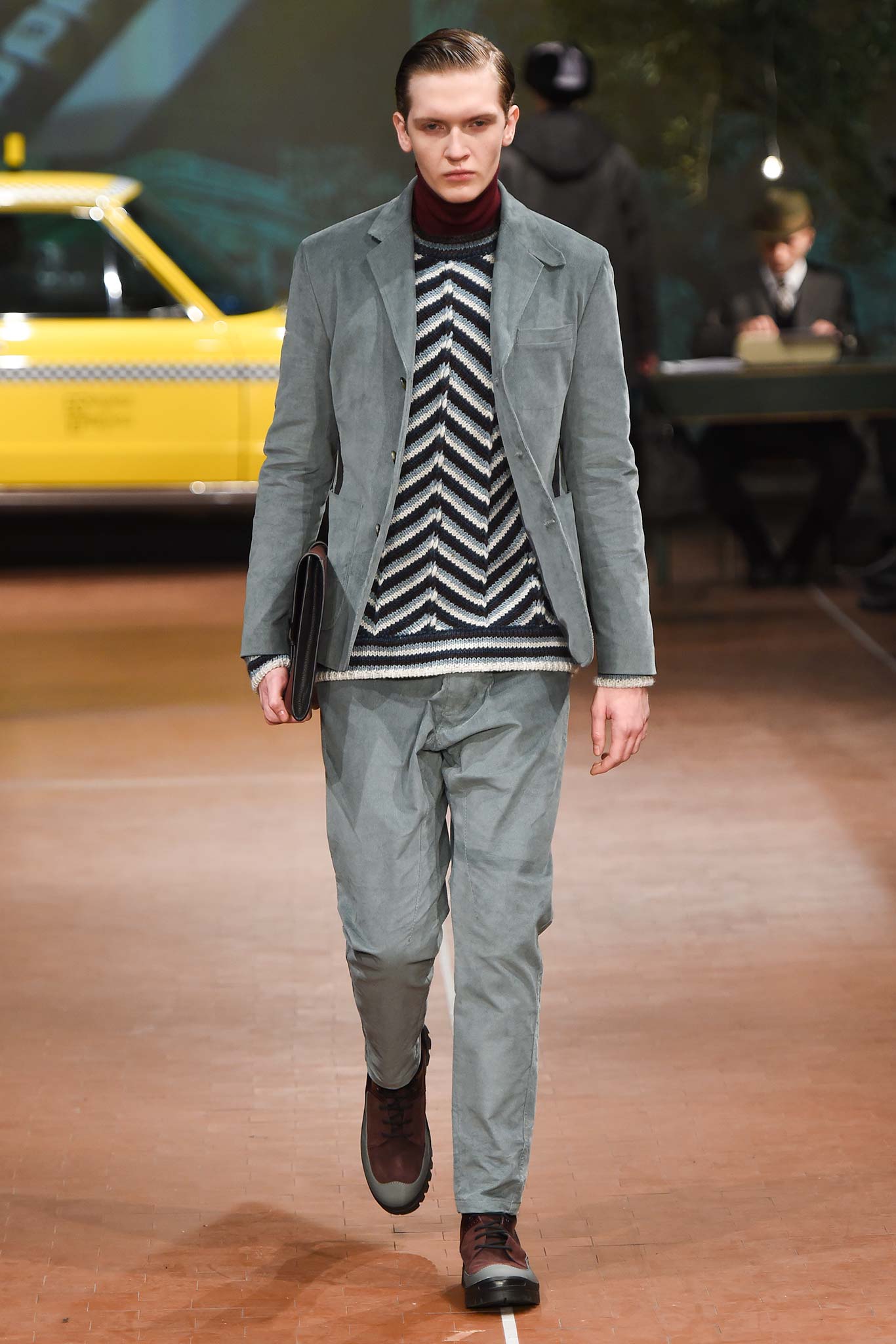 gray tailored suit with zigzag sweater