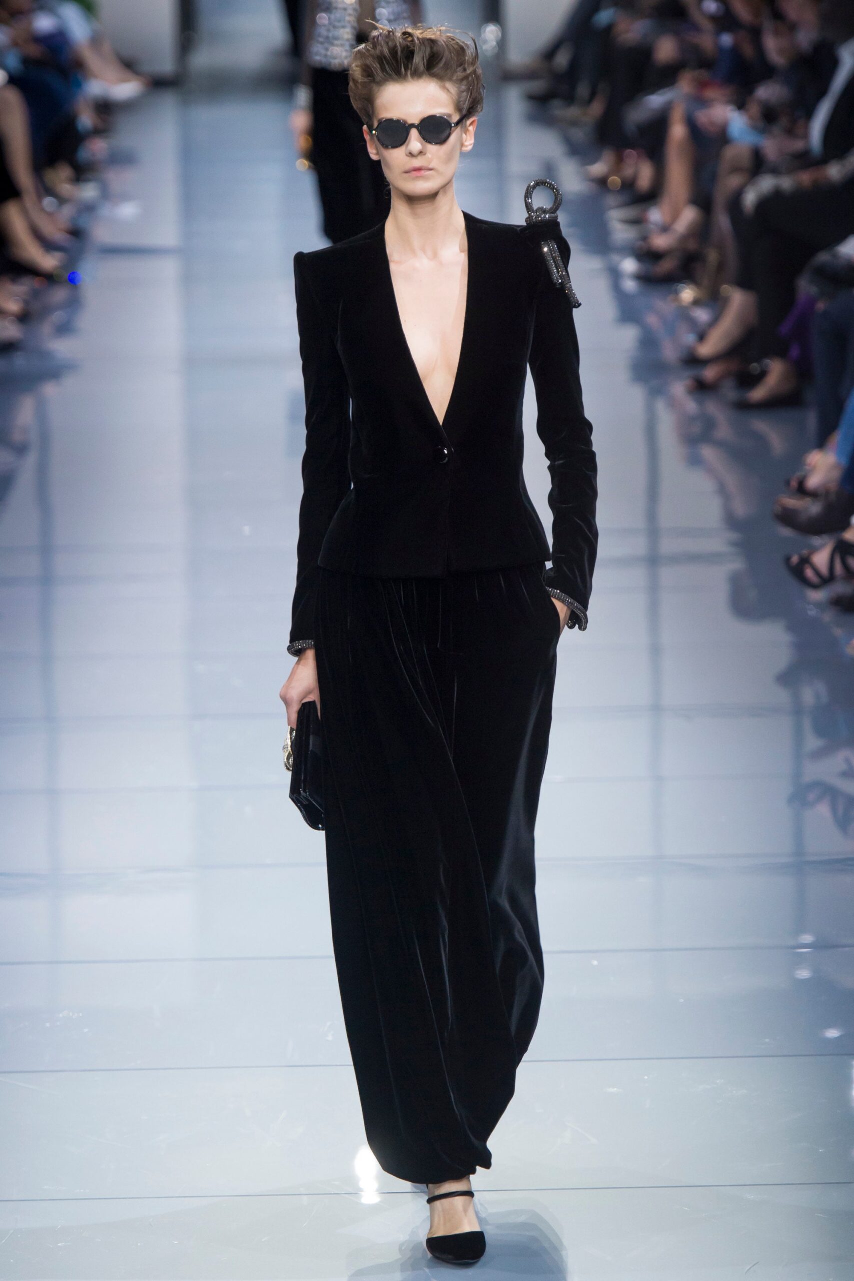 black velvet fitted jacket and relaxed pants