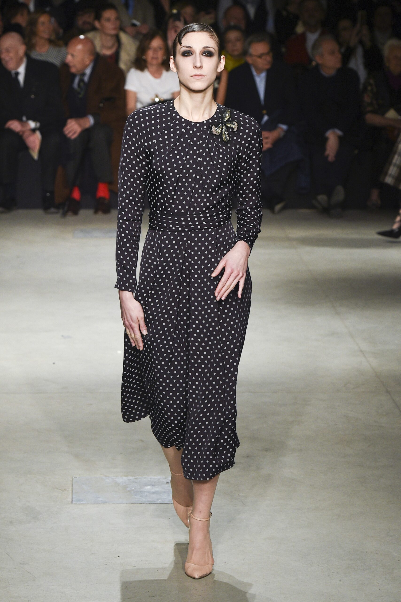 black and white polka-dot midi dress