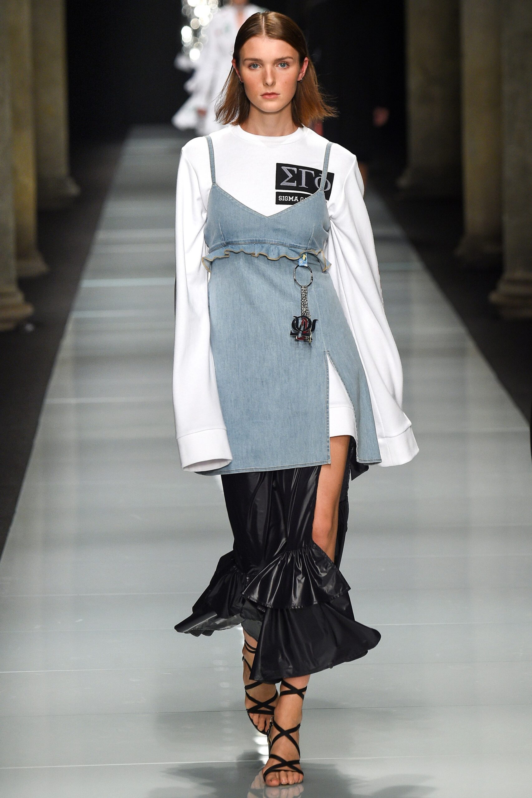 blue denim sleeveless v-neck fitted layered ruffled dress