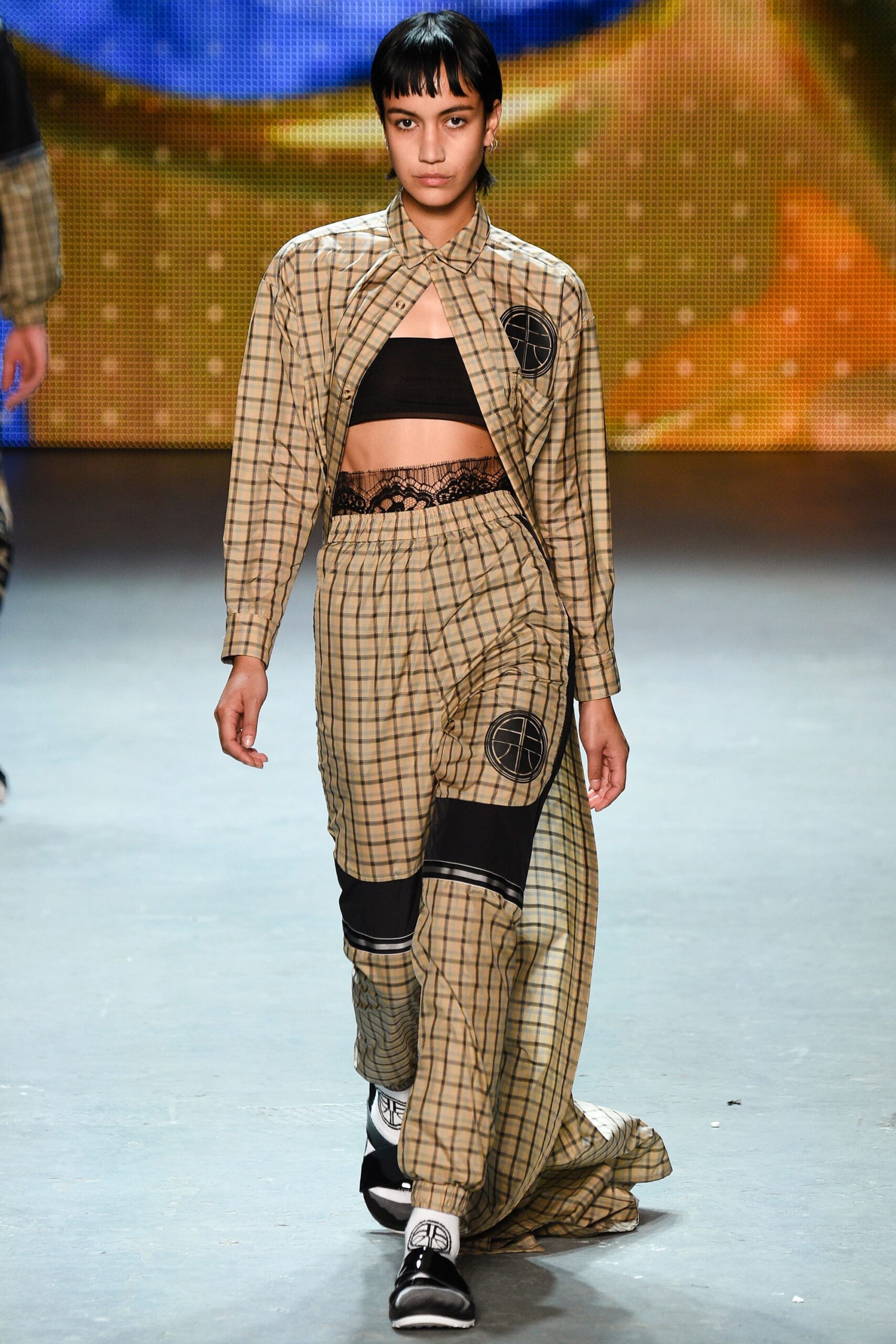 beige checked shirt with black crop-top
