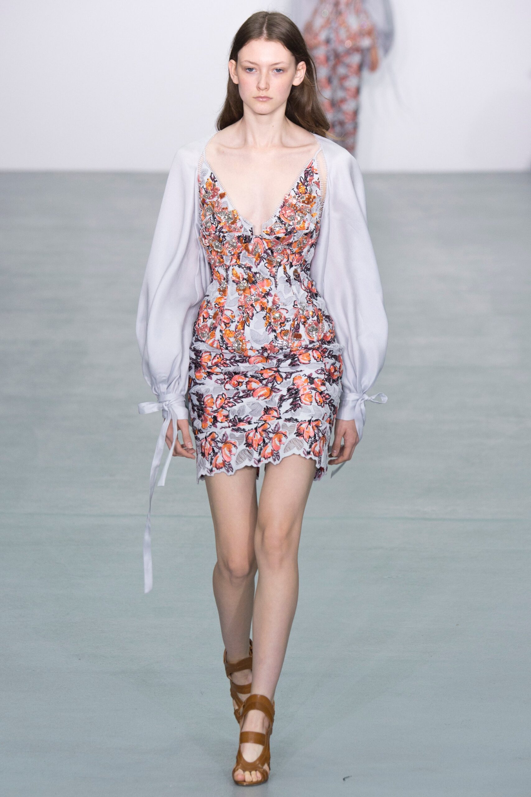 multi-colored fitted mini dress with white blouse