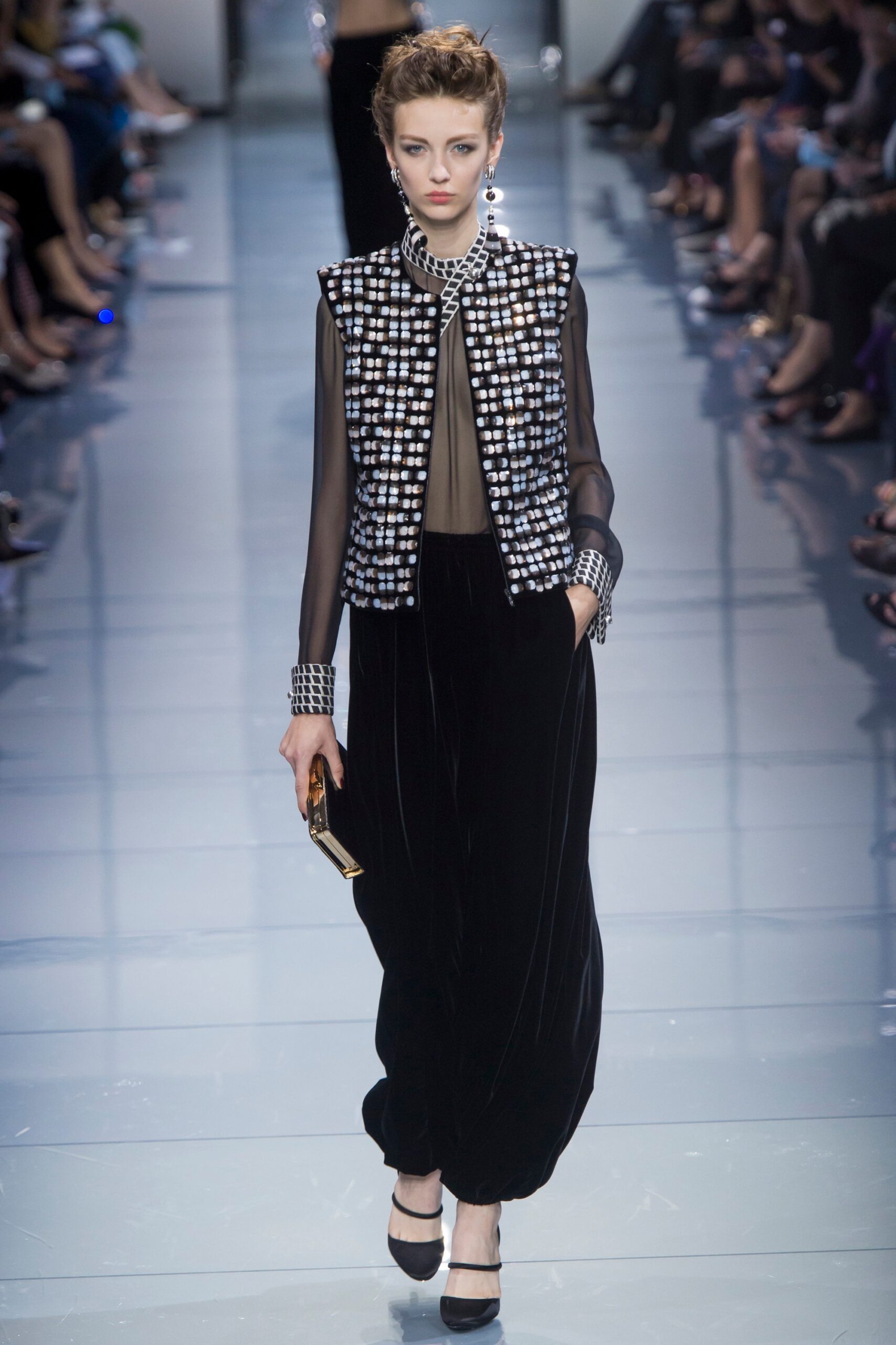 black and white embellished jacket with velvet pants