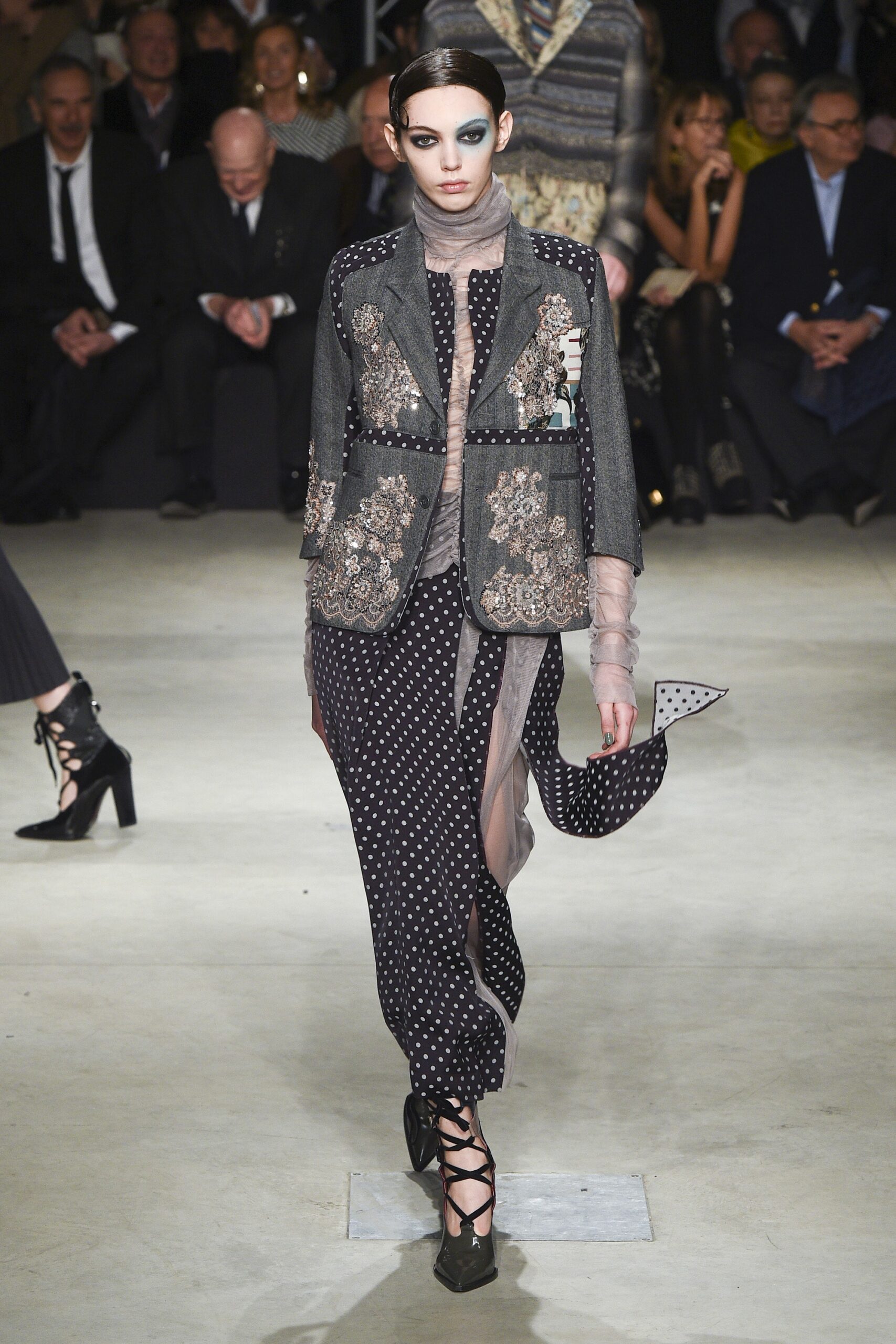 gray embroidered blazer and black polka-dot dress