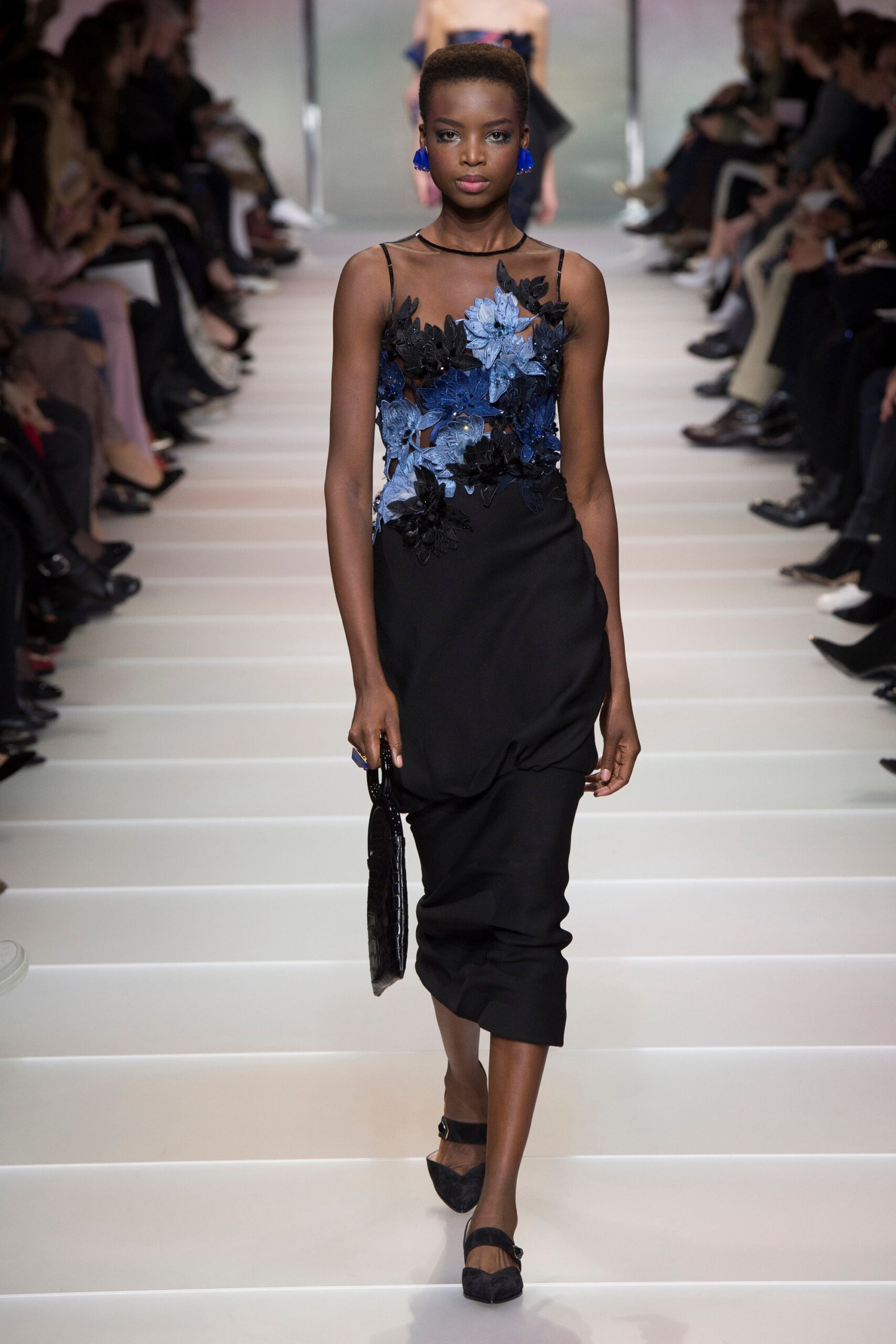 black silk fitted midi dress with blue embroidery