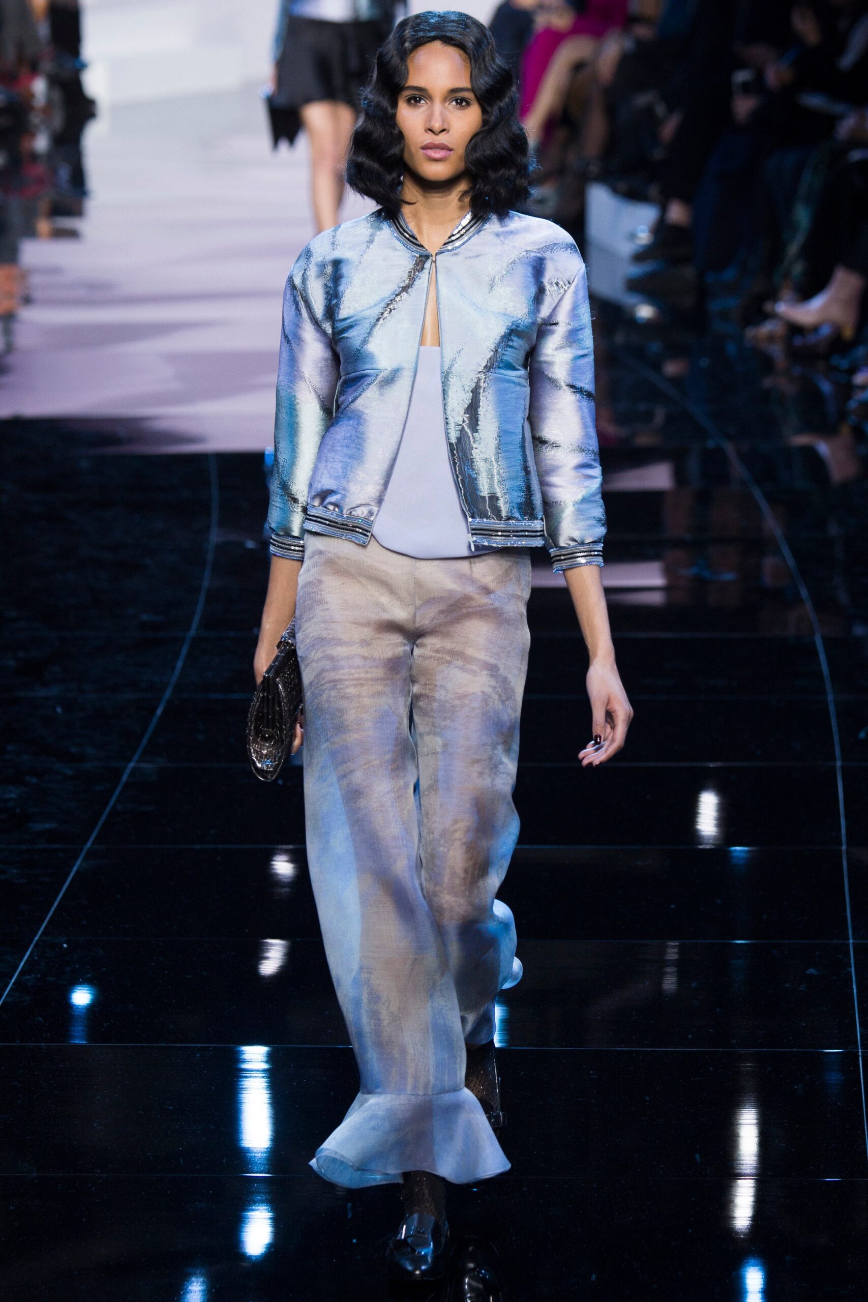 fitted metallic jacket with flared pants