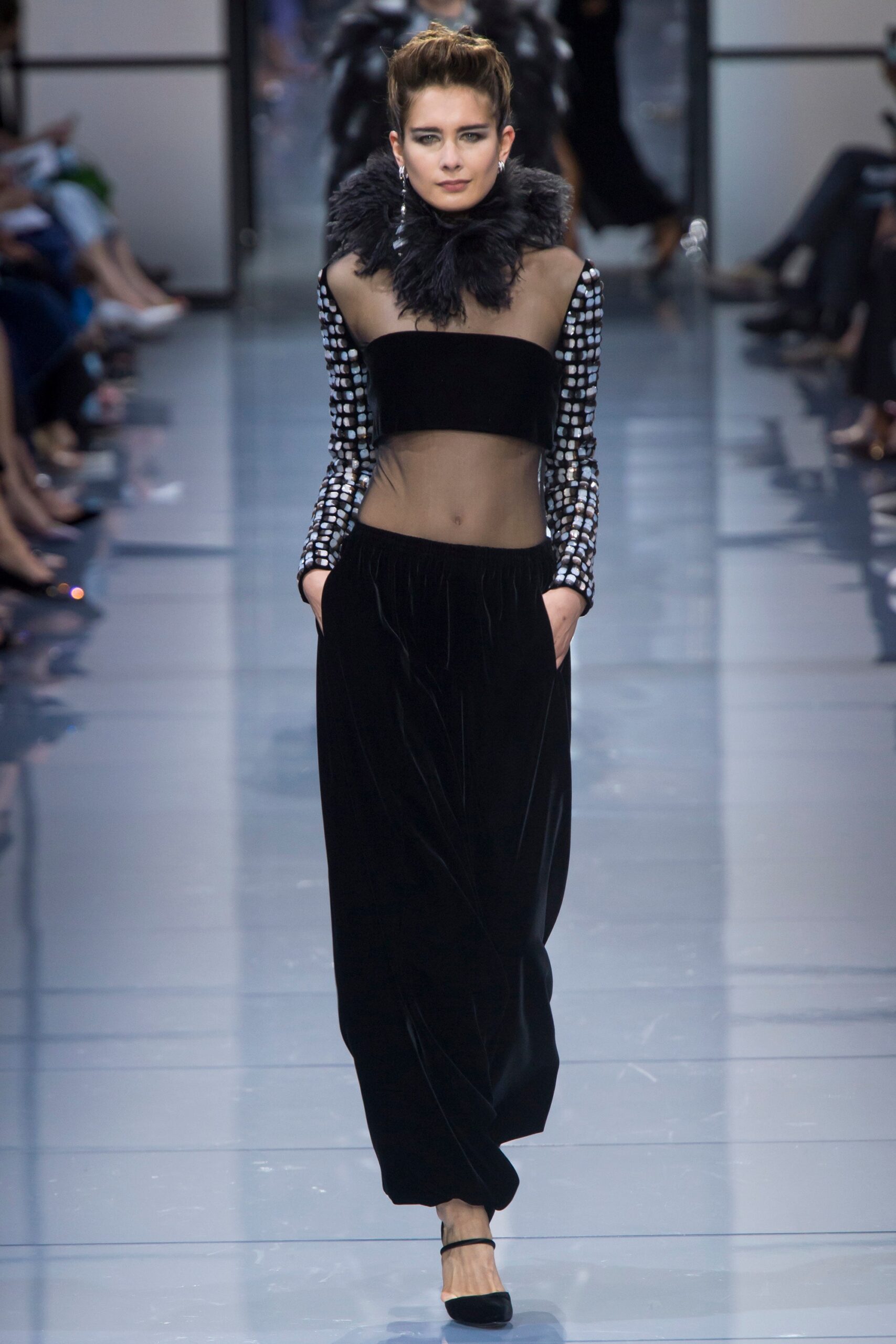 black velvet midi dress with fur neckpiece