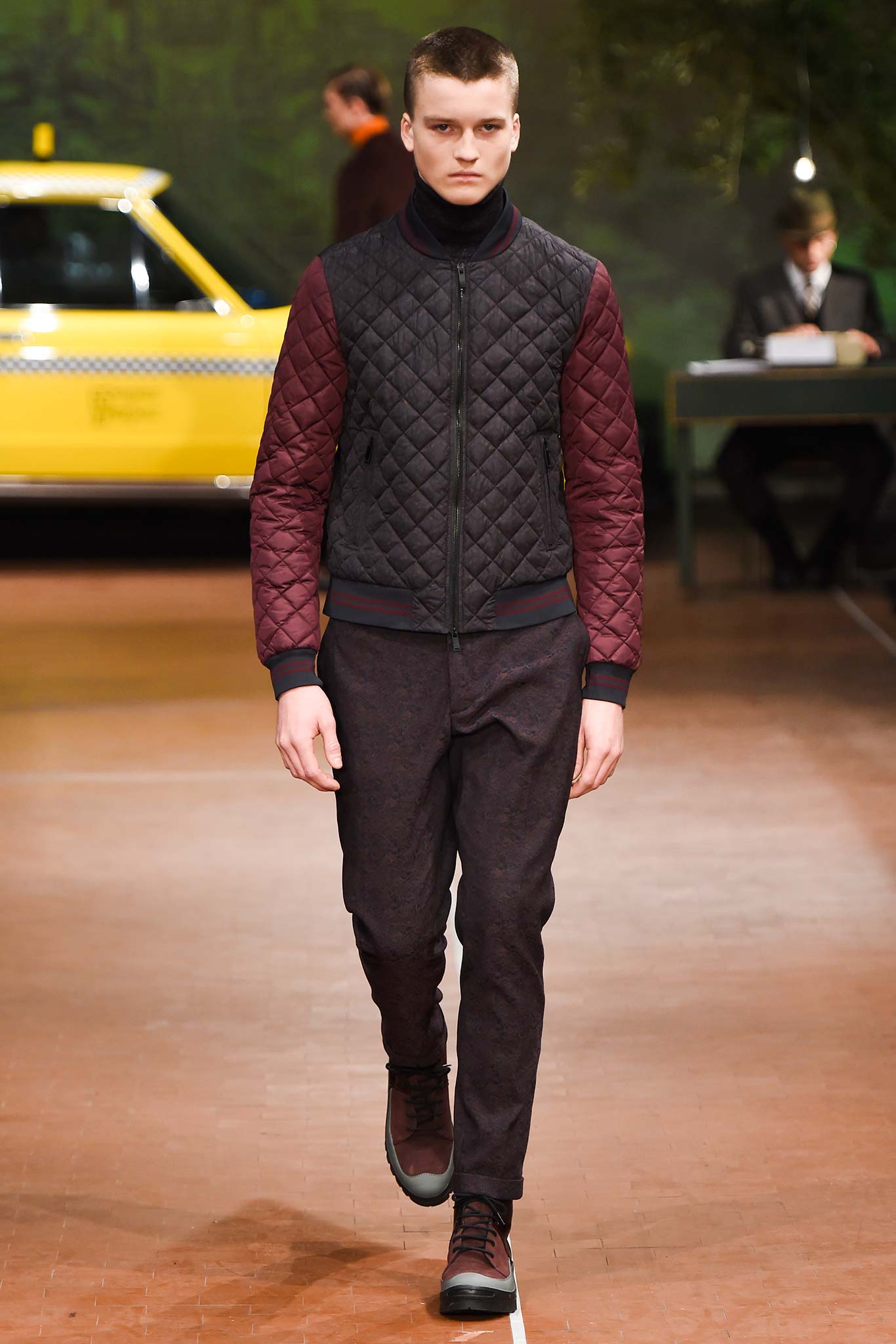 black maroon quilted jacket and slim pants