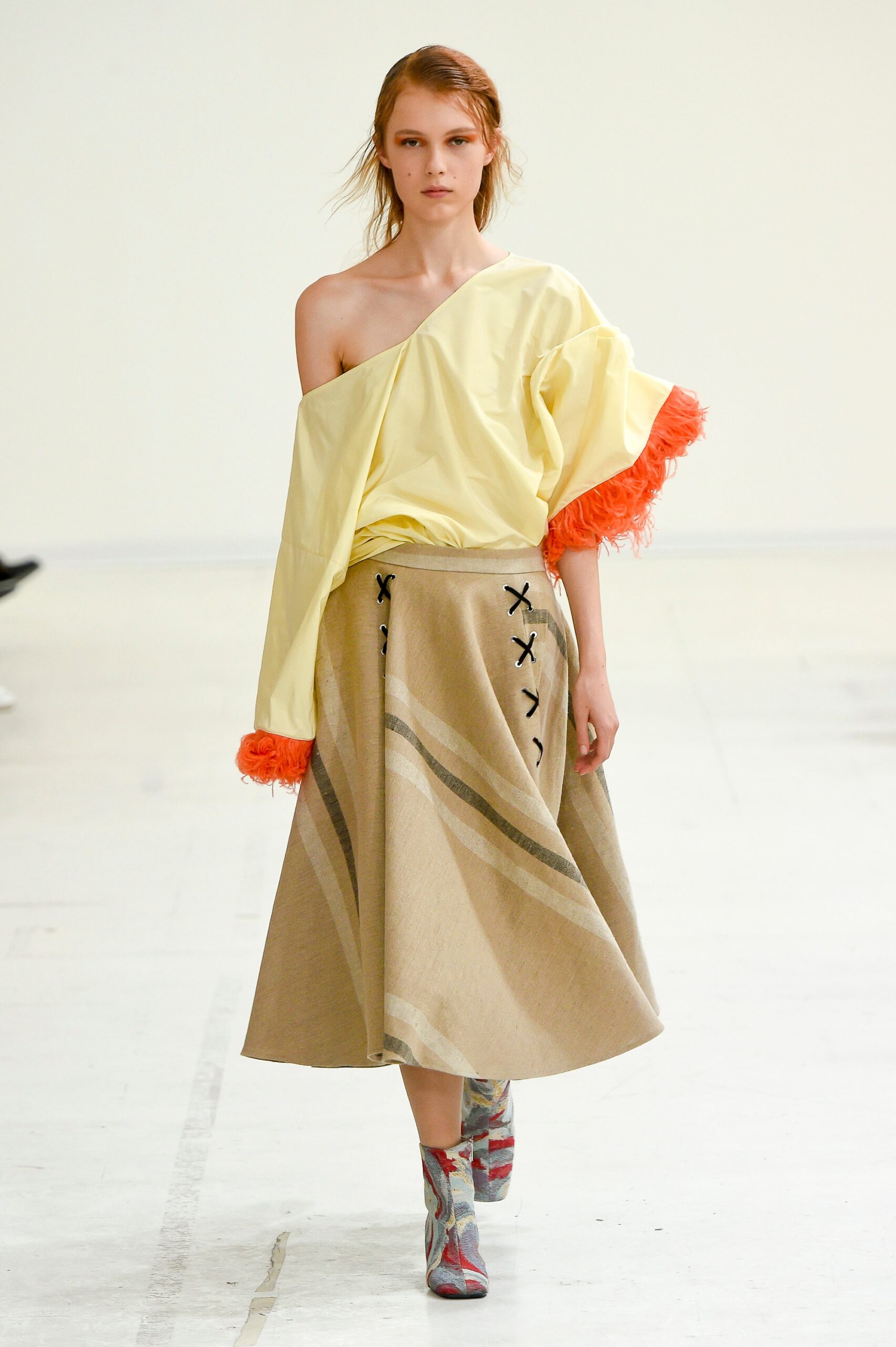 yellow off-shoulder top beige midi skirt