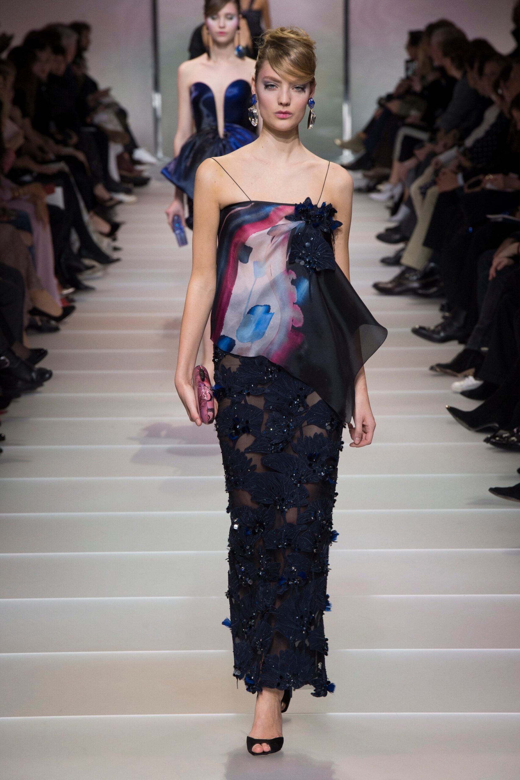 blue black embroidered gown