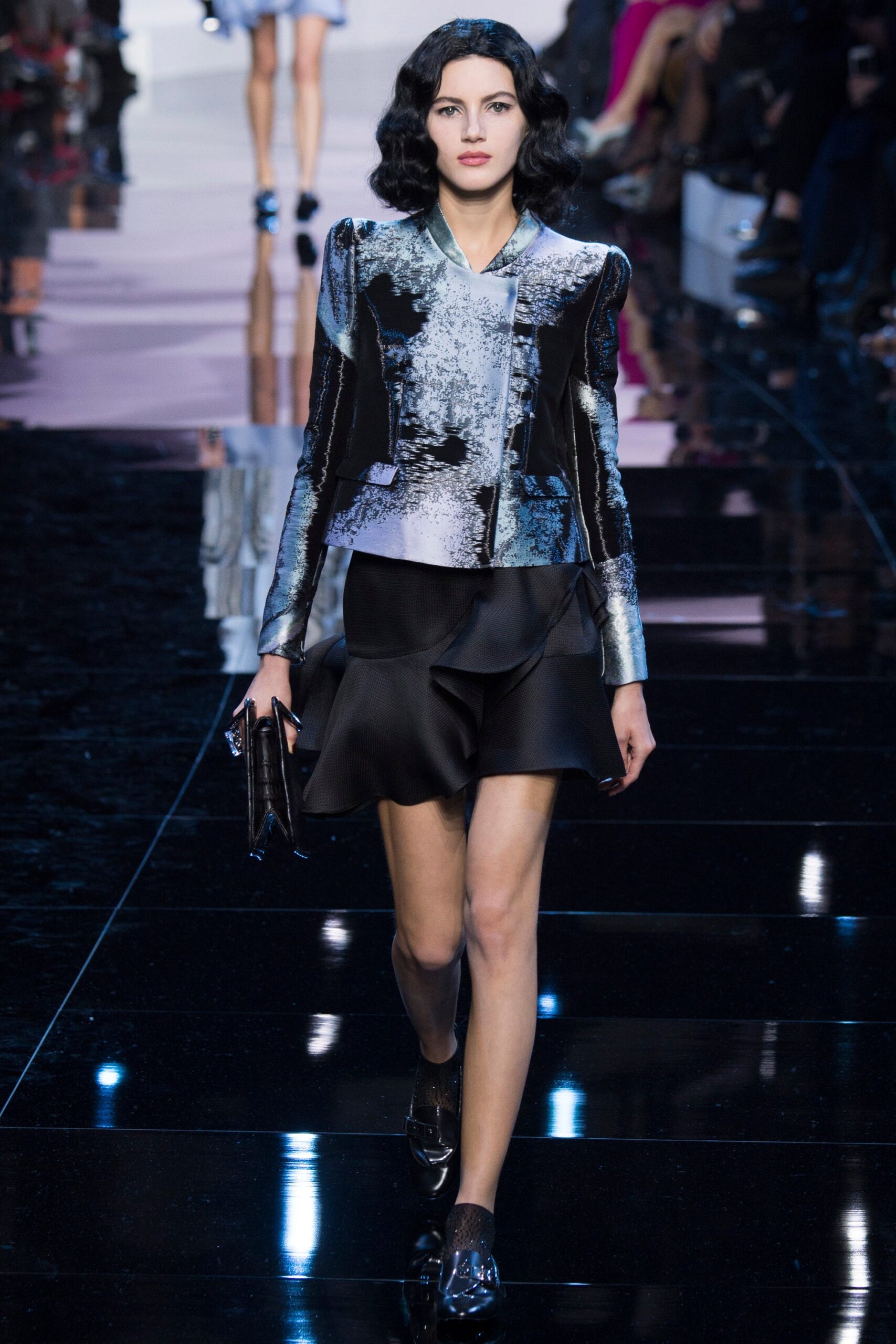 fitted black silk blazer and skirt